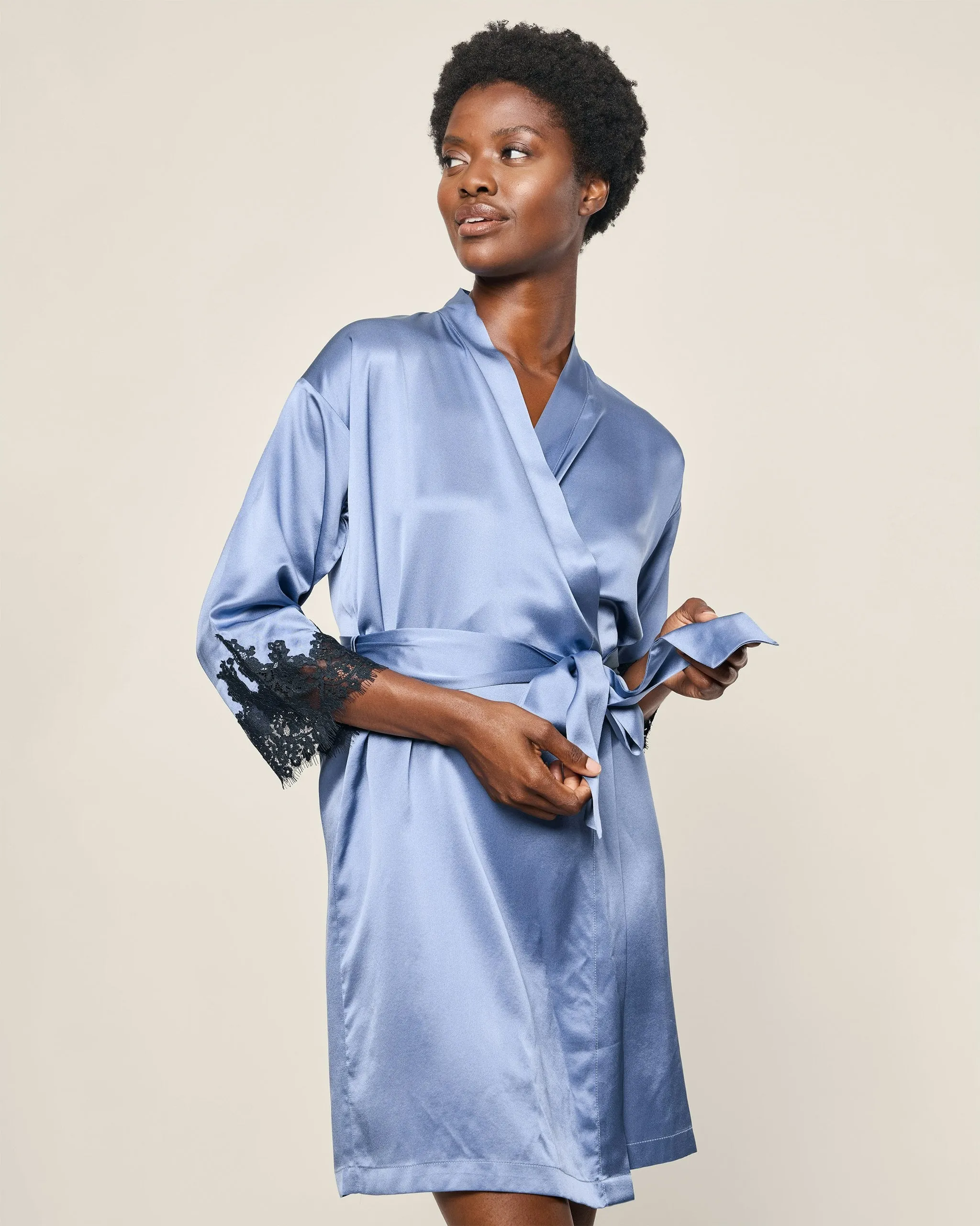 Women's Silk Lace Robe in Mystique Blue sold by Petite Plume product image thumbnail 2
