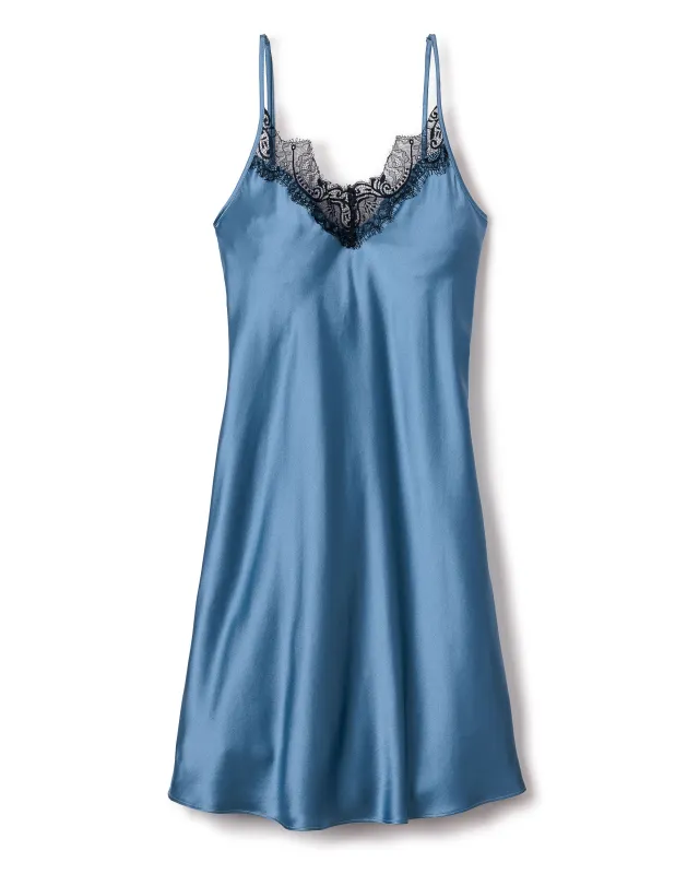Women's Silk Lace Slip Dress in Mystique Blue sold by Petite Plume