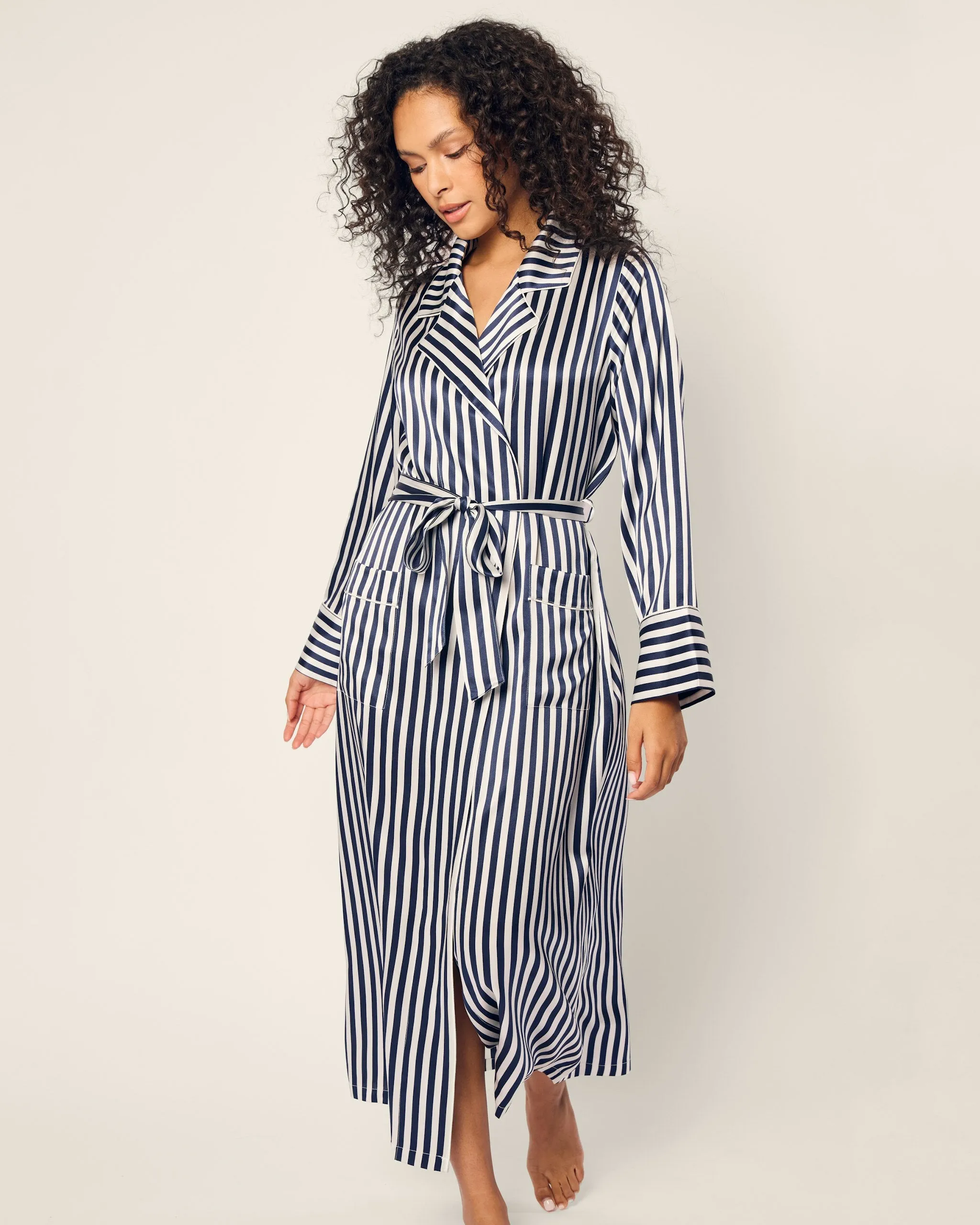 Women's Silk Robe in Navy Bengal Stripe sold by Petite Plume product image thumbnail 2