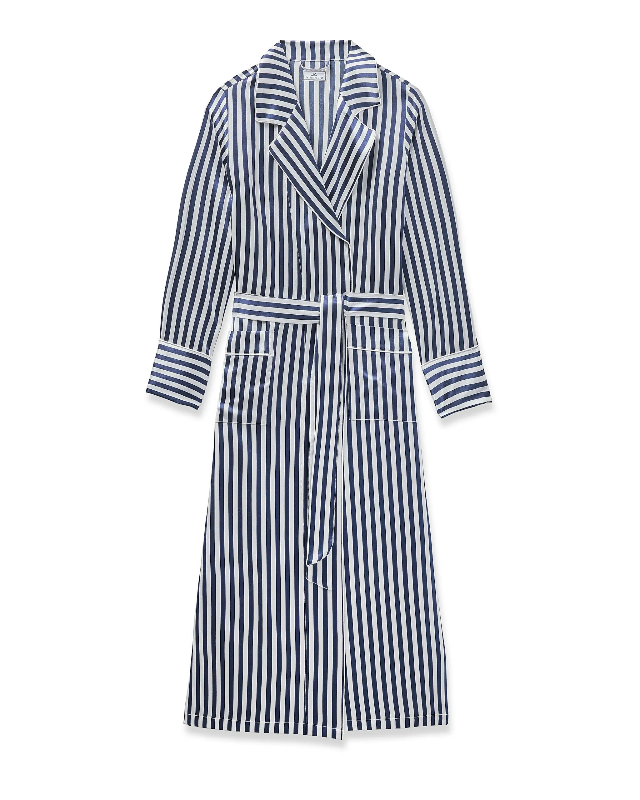 Women's Silk Robe in Navy Bengal Stripe sold by Petite Plume