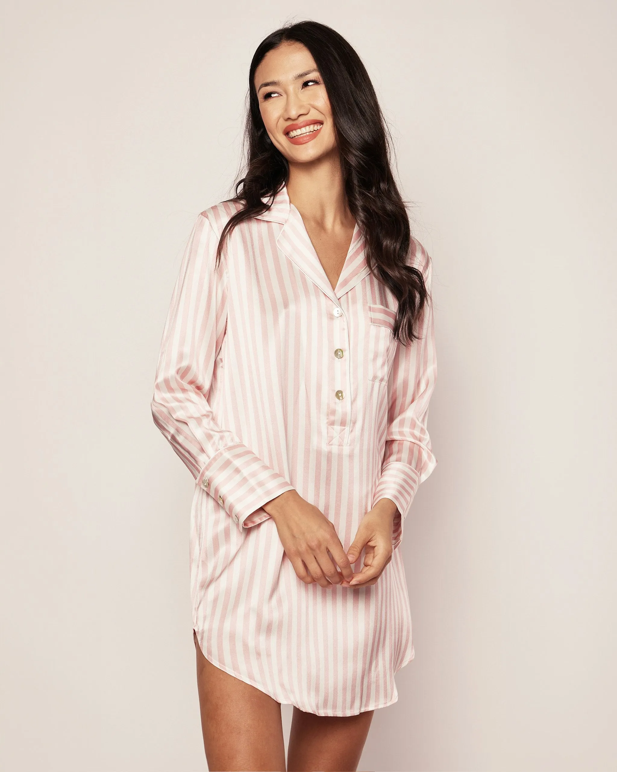 Women's Silk Nightshirt in Pink Stripe sold by Petite Plume product image thumbnail 4
