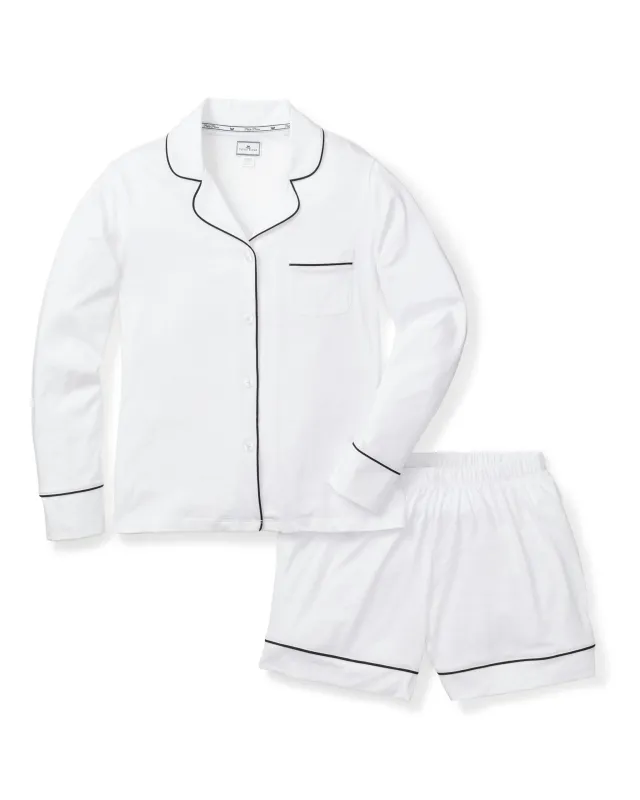 Women's Pima Long Sleeve Short Set in White with Black Piping sold by Petite Plume