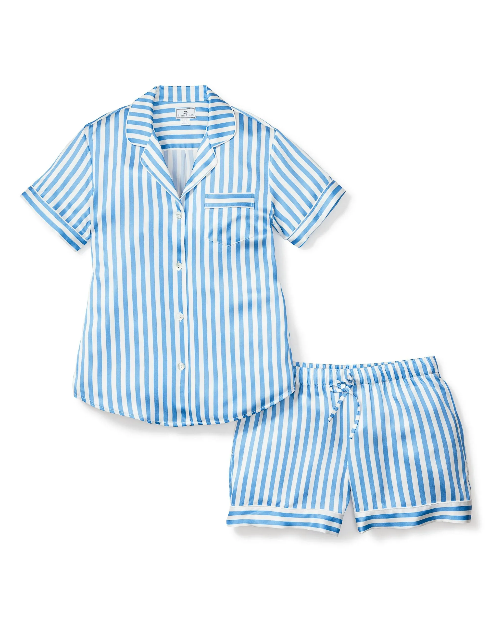 Women's Silk Pajama Short Set in Azure Stripe sold by Petite Plume