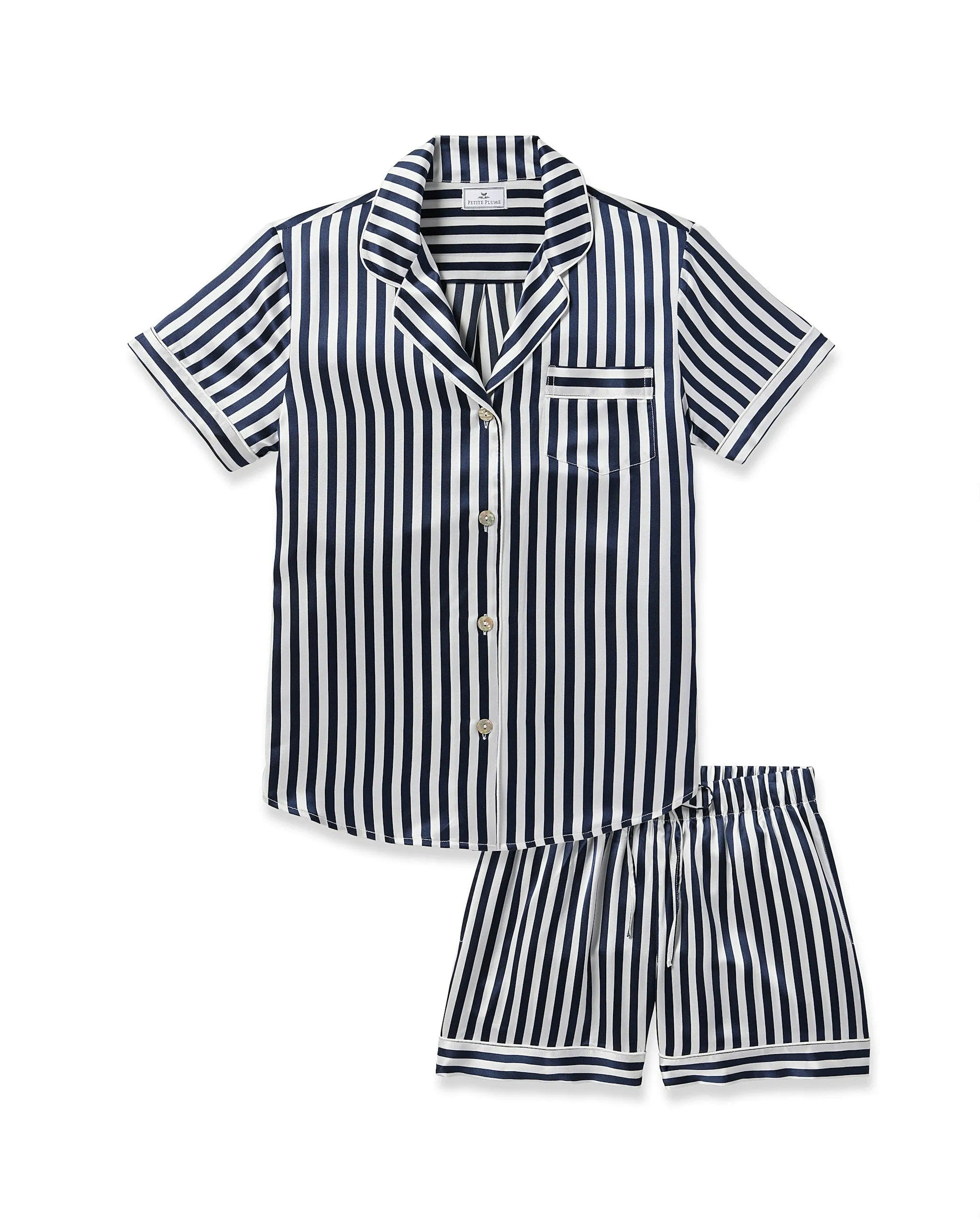 Women's Silk Pajama Short Set in Azure Stripe sold by Petite Plume product image thumbnail 2