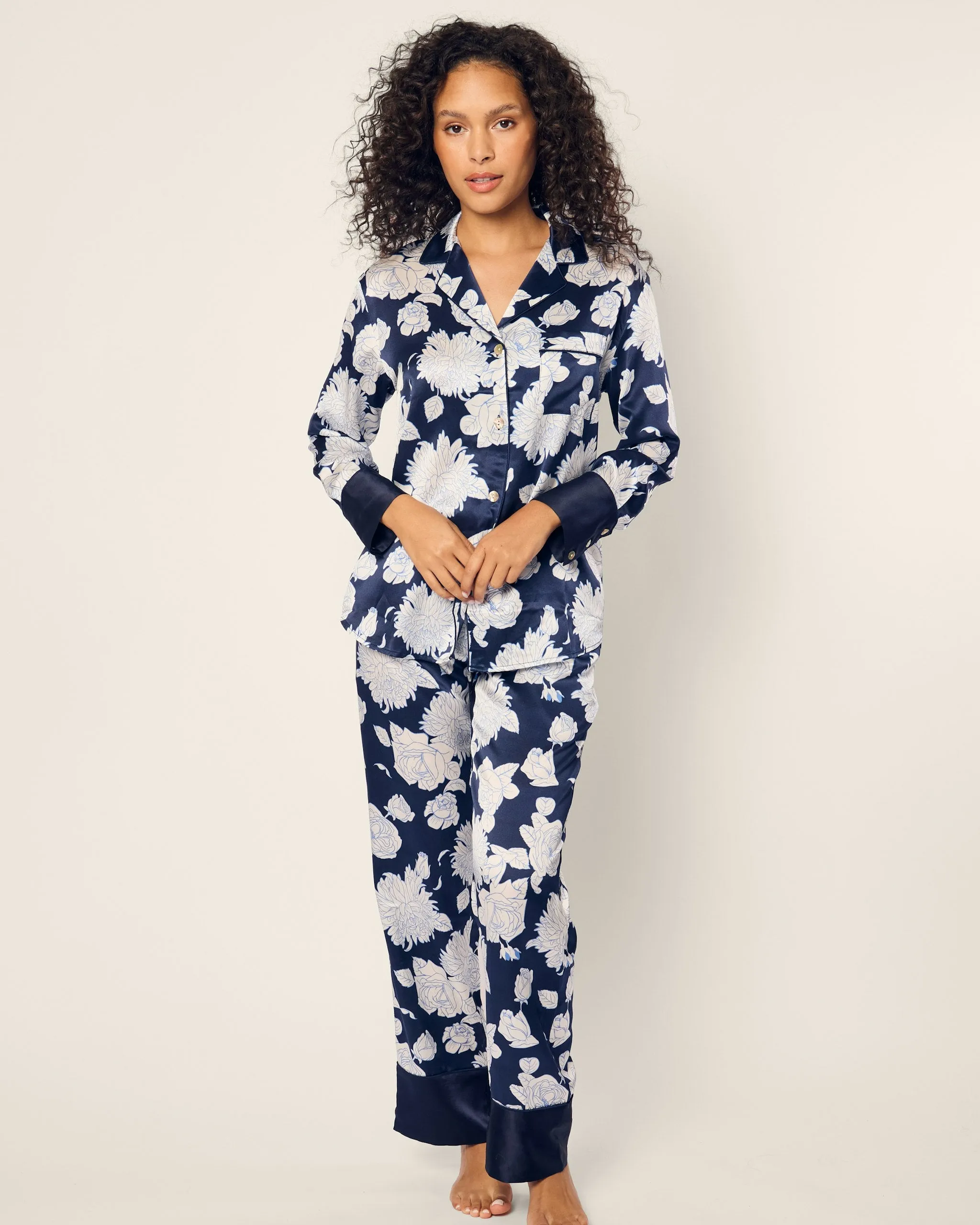 Women's Silk Pajama Set in Midnight Blooms sold by Petite Plume product image thumbnail 2