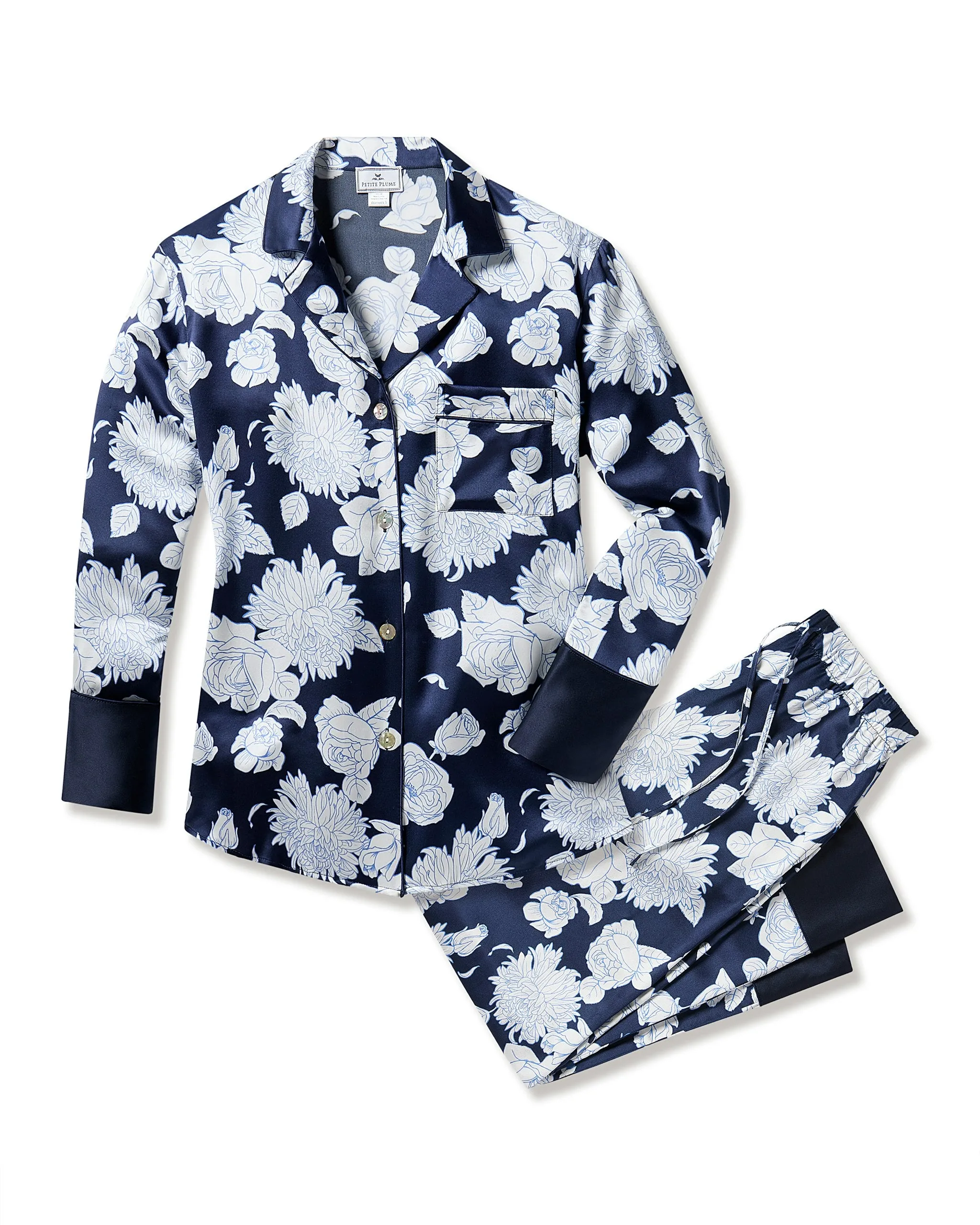 Women's Silk Pajama Set in Midnight Blooms sold by Petite Plume
