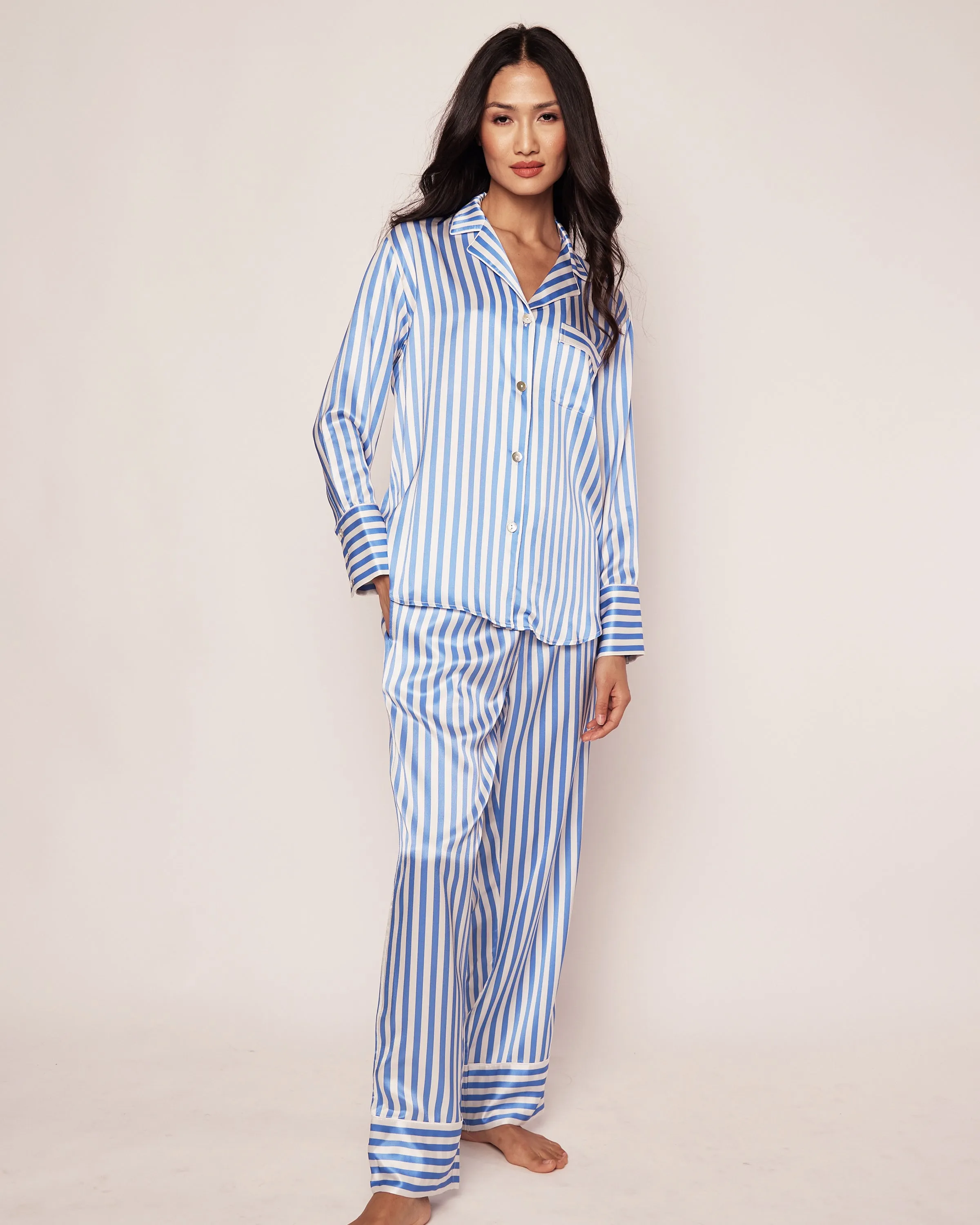 Women's Silk Pajama Set in Azure Stripe sold by Petite Plume product image thumbnail 2