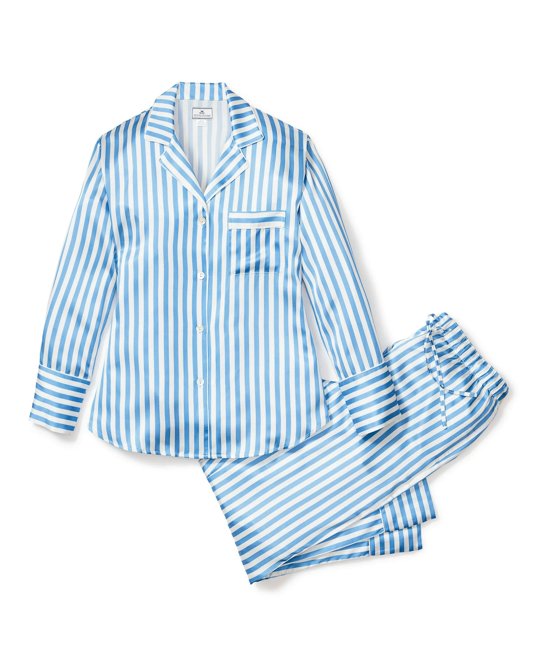 Women's Silk Pajama Set in Azure Stripe sold by Petite Plume