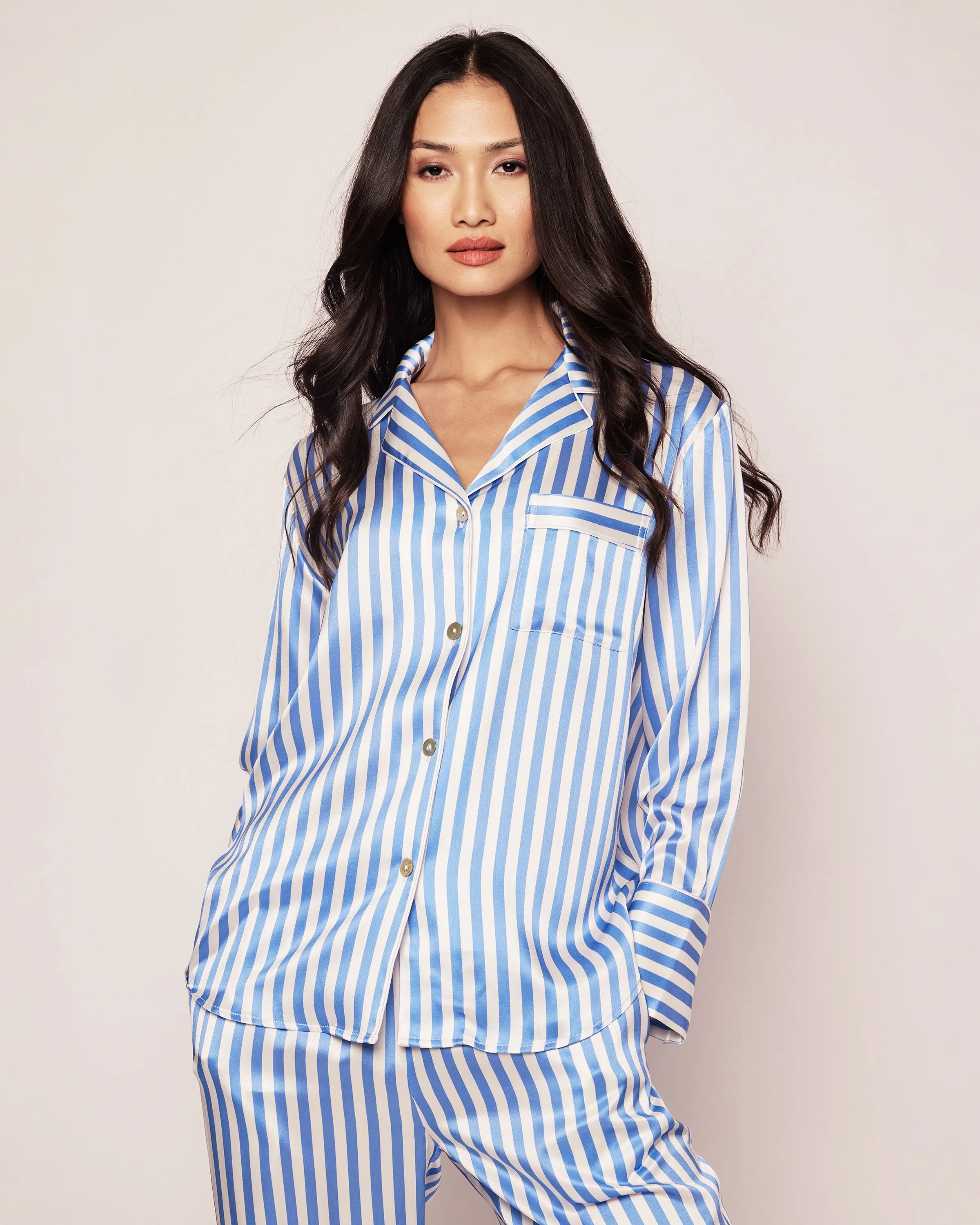 Women's Silk Pajama Set in Azure Stripe sold by Petite Plume product image thumbnail 3
