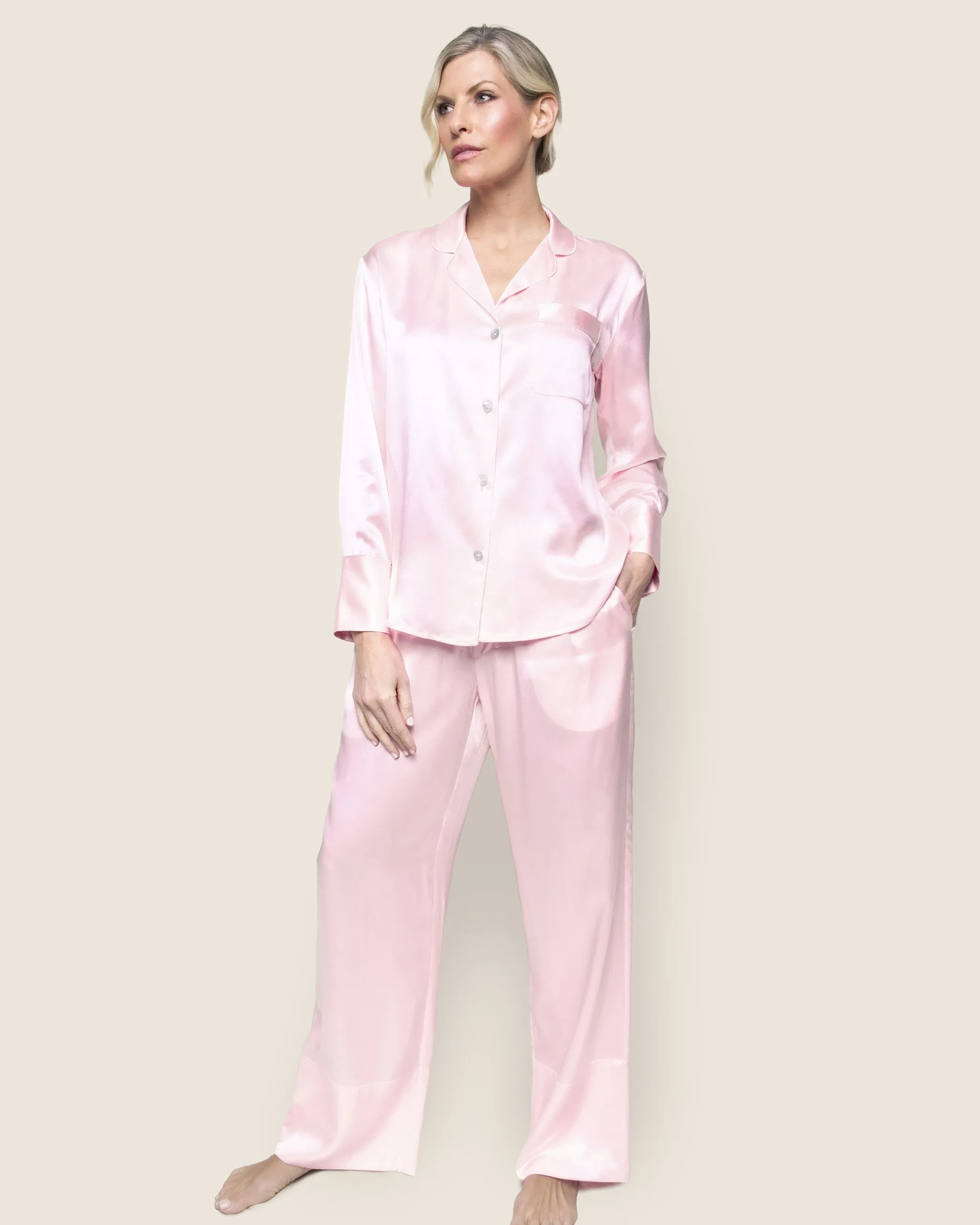 Women's Silk Pajama Set in Pink sold by Petite Plume product image thumbnail 2