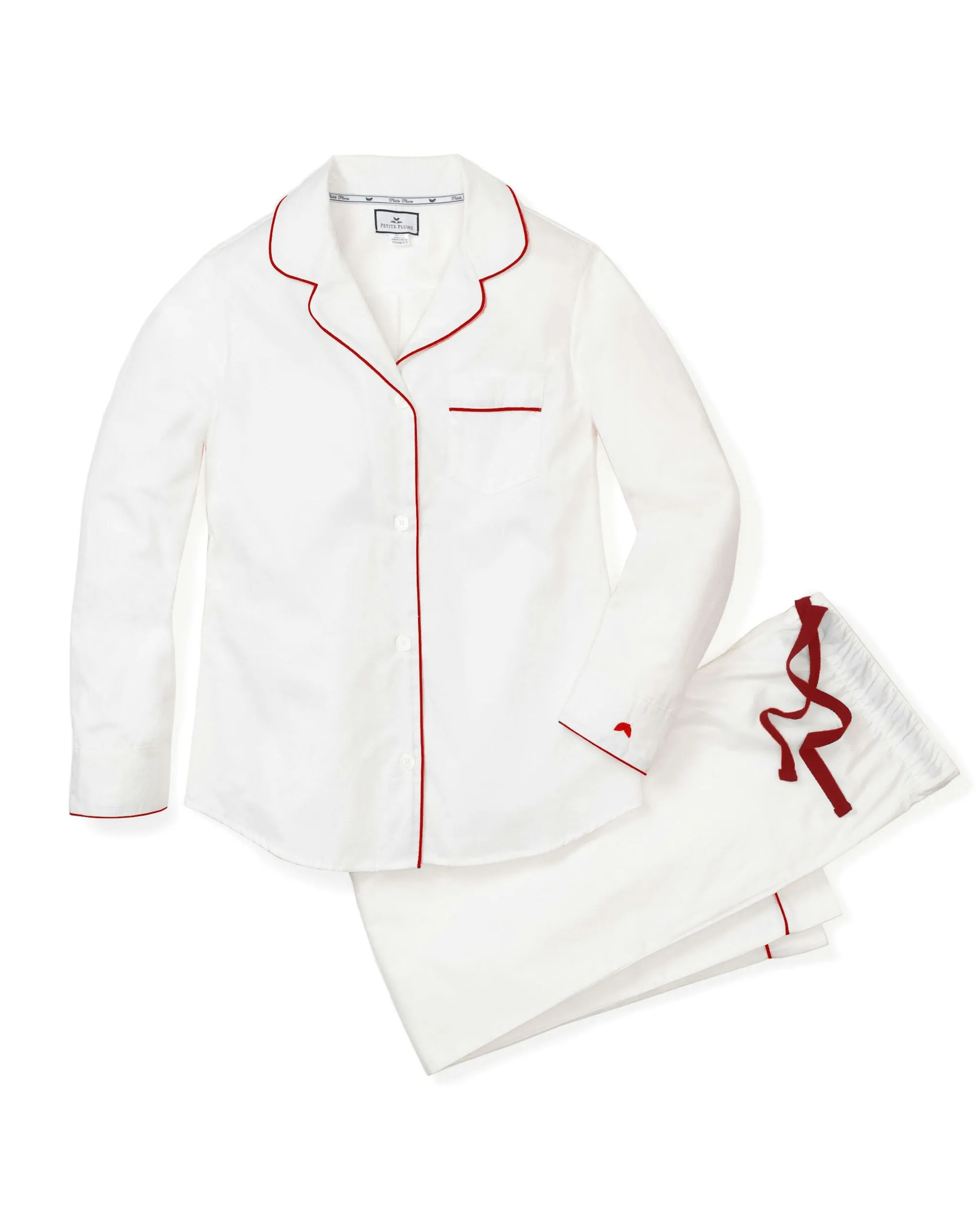 Women's Twill Pajama Set in White With Red Piping sold by Petite Plume