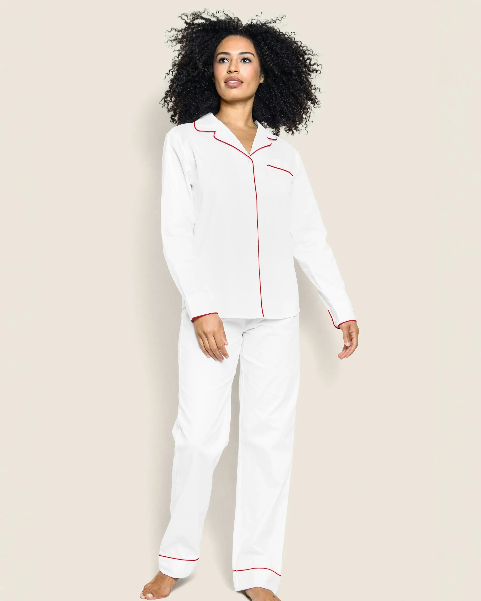 Women's Twill Pajama Set in White With Red Piping sold by Petite Plume product image thumbnail 2