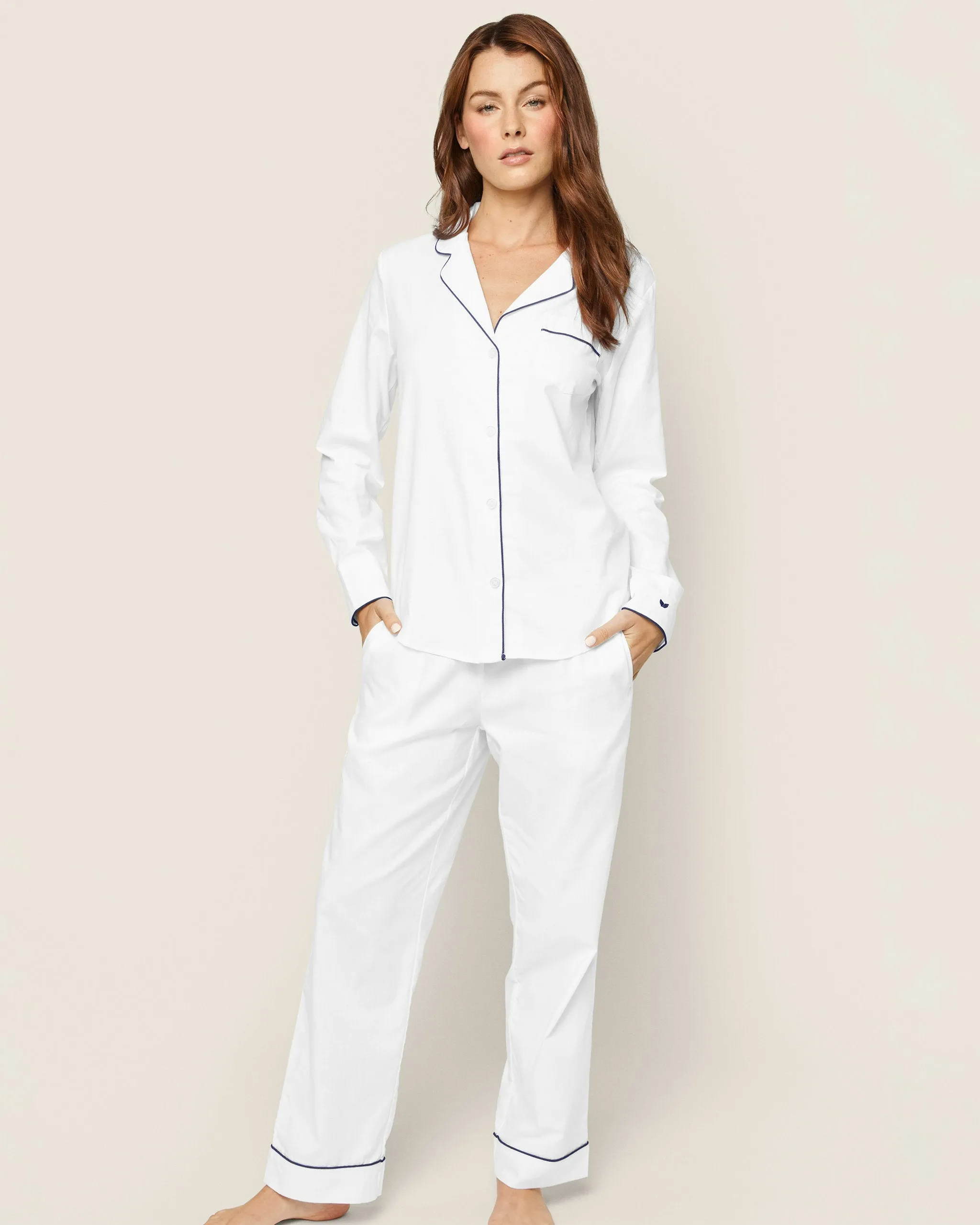 Women's Twill Pajama Set in White With Red Piping sold by Petite Plume product image thumbnail 5