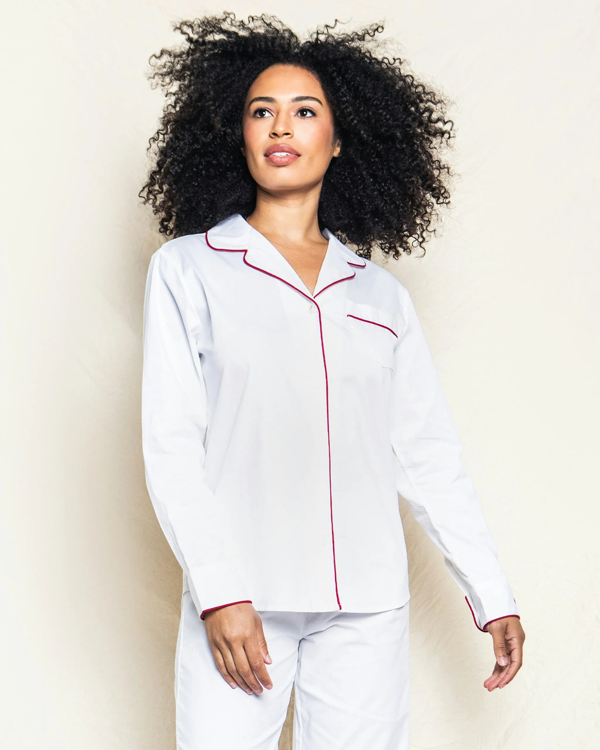 Women's Twill Pajama Set in White With Red Piping sold by Petite Plume product image thumbnail 3