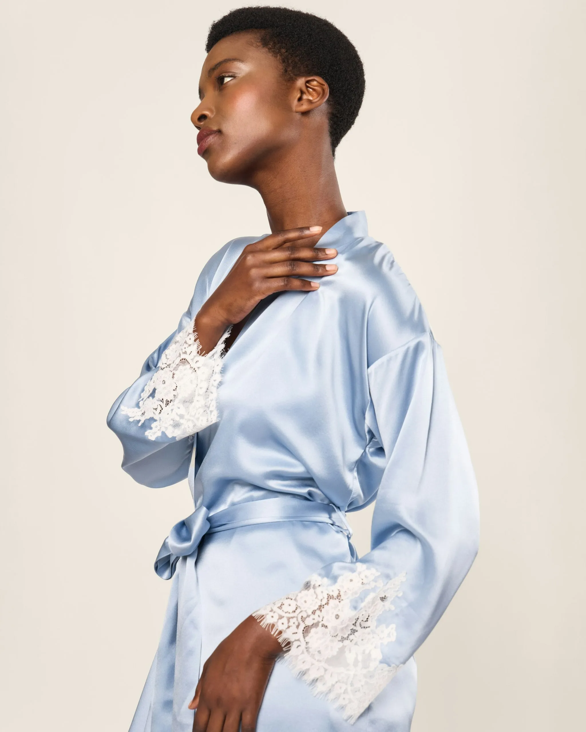 Women's Silk Lace Robe in Periwinkle sold by Petite Plume product image thumbnail 5