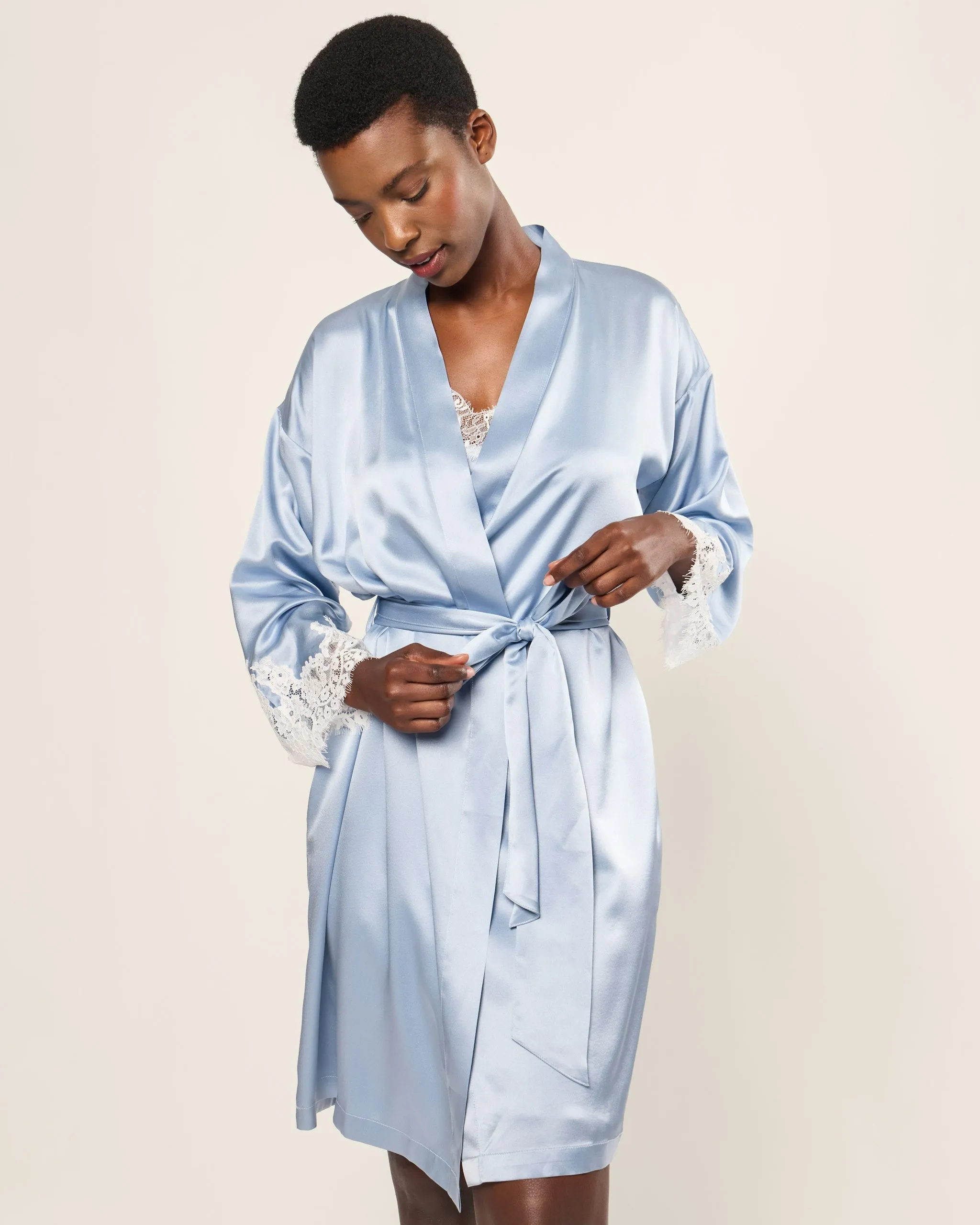 Women's Silk Lace Robe in Periwinkle sold by Petite Plume product image thumbnail 2