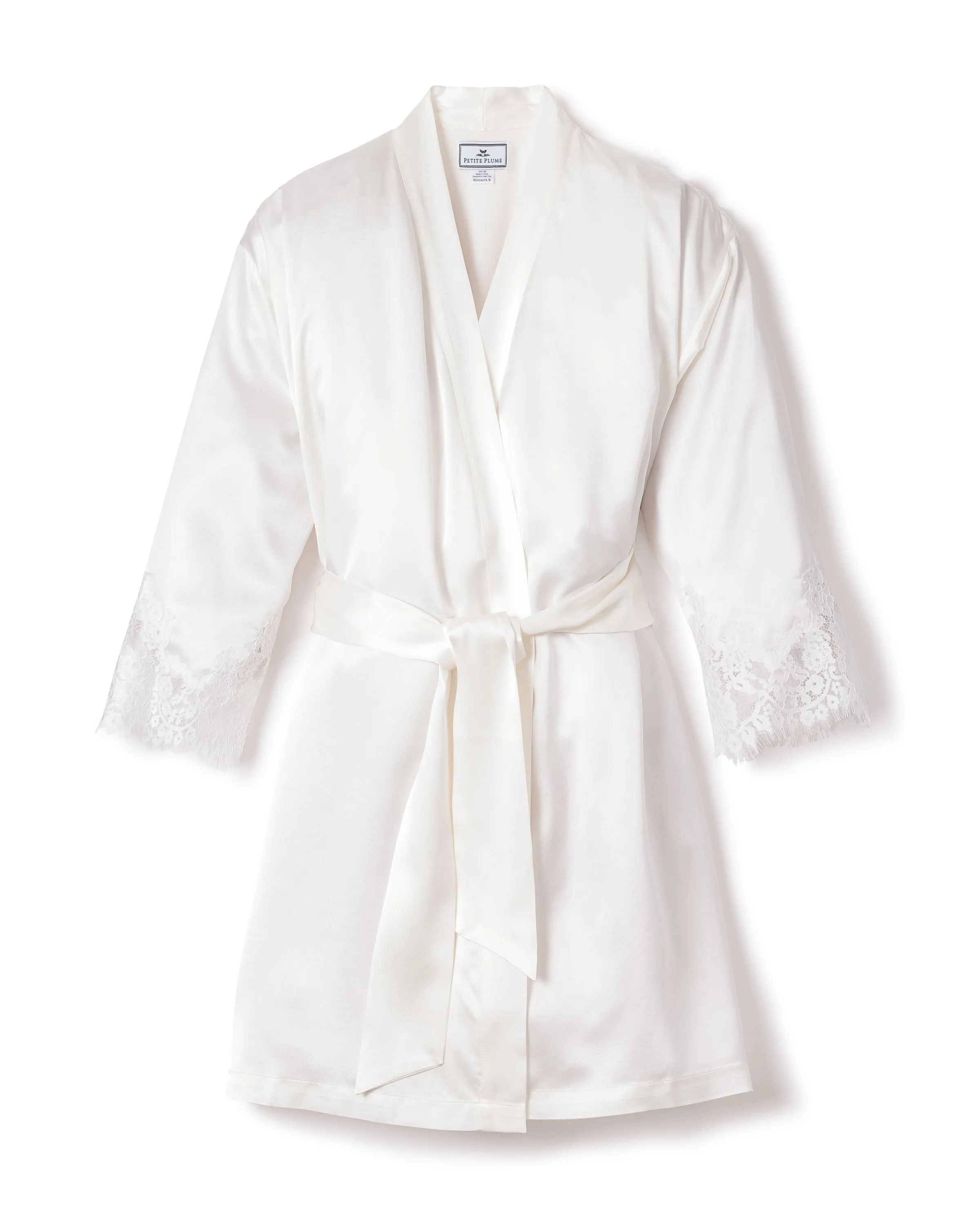 Women's Silk Lace Robe in White sold by Petite Plume