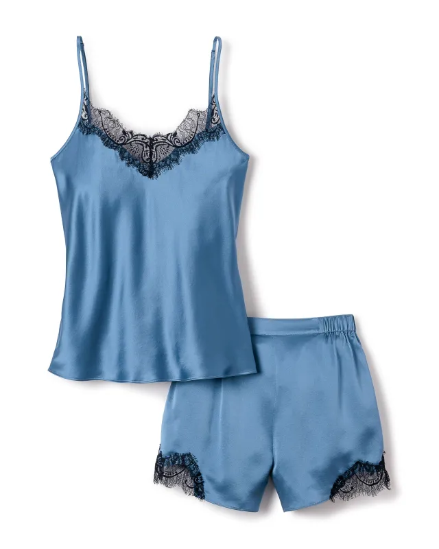 Women's Silk Lace Cami Short Set in Mystique Blue sold by Petite Plume