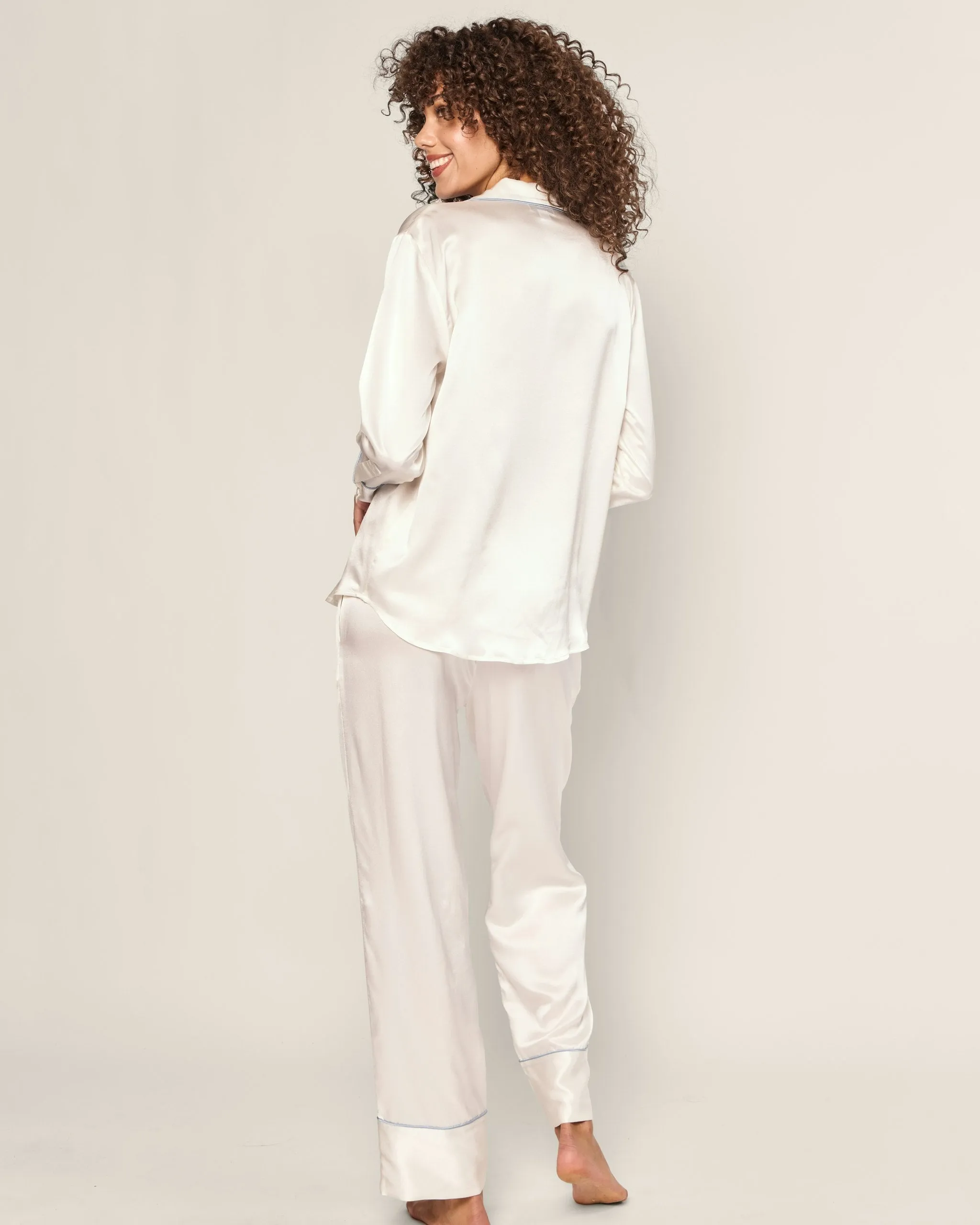 Women's Silk Pajama Set in White with Periwinkle Piping sold by Petite Plume product image thumbnail 4