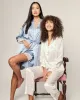 Women's Silk Pajama Set in White with Periwinkle Piping sold by Petite Plume