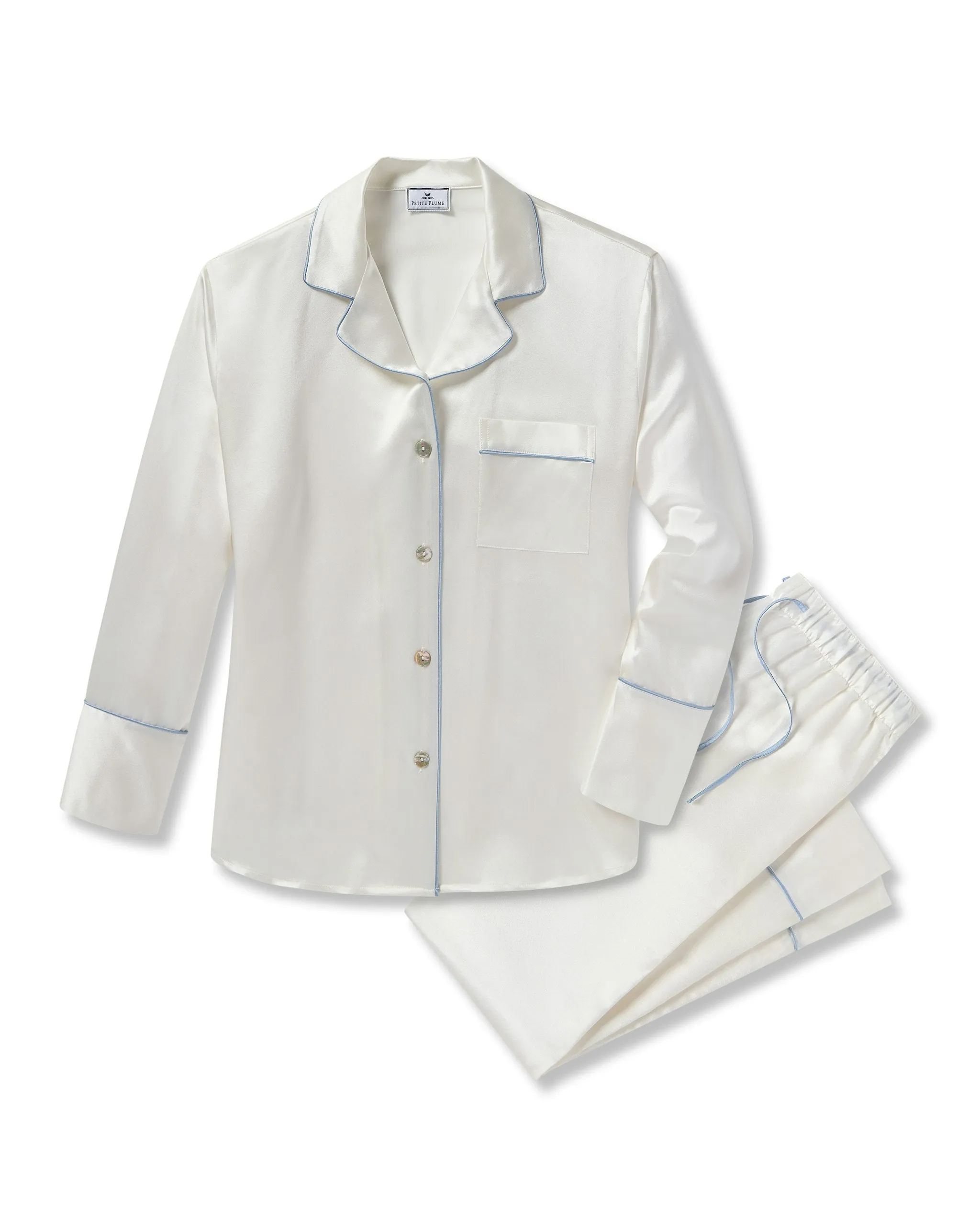 Women's Silk Pajama Set in White with Periwinkle Piping sold by Petite Plume
