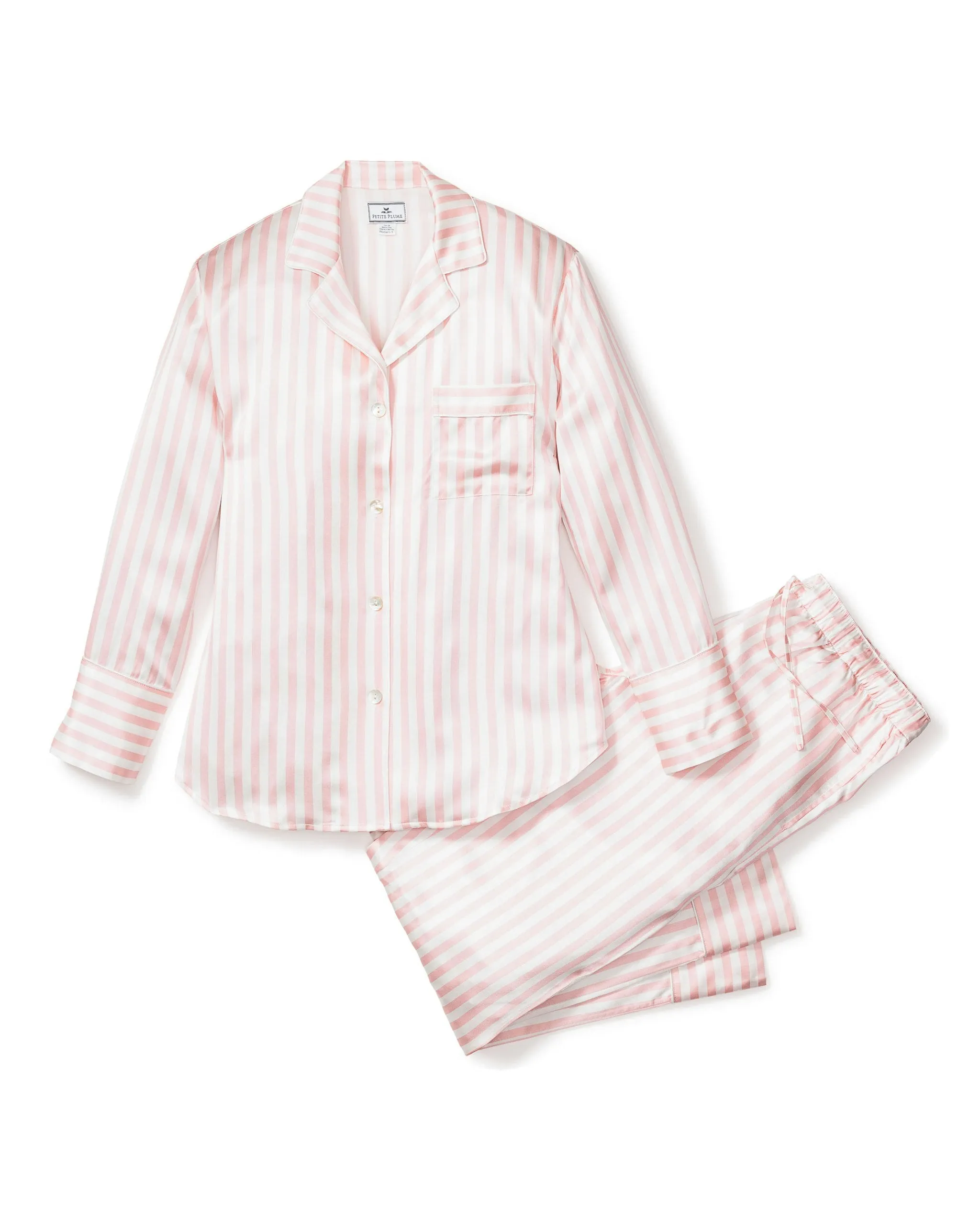 Women's Silk Pajama Set in Pink Stripe sold by Petite Plume