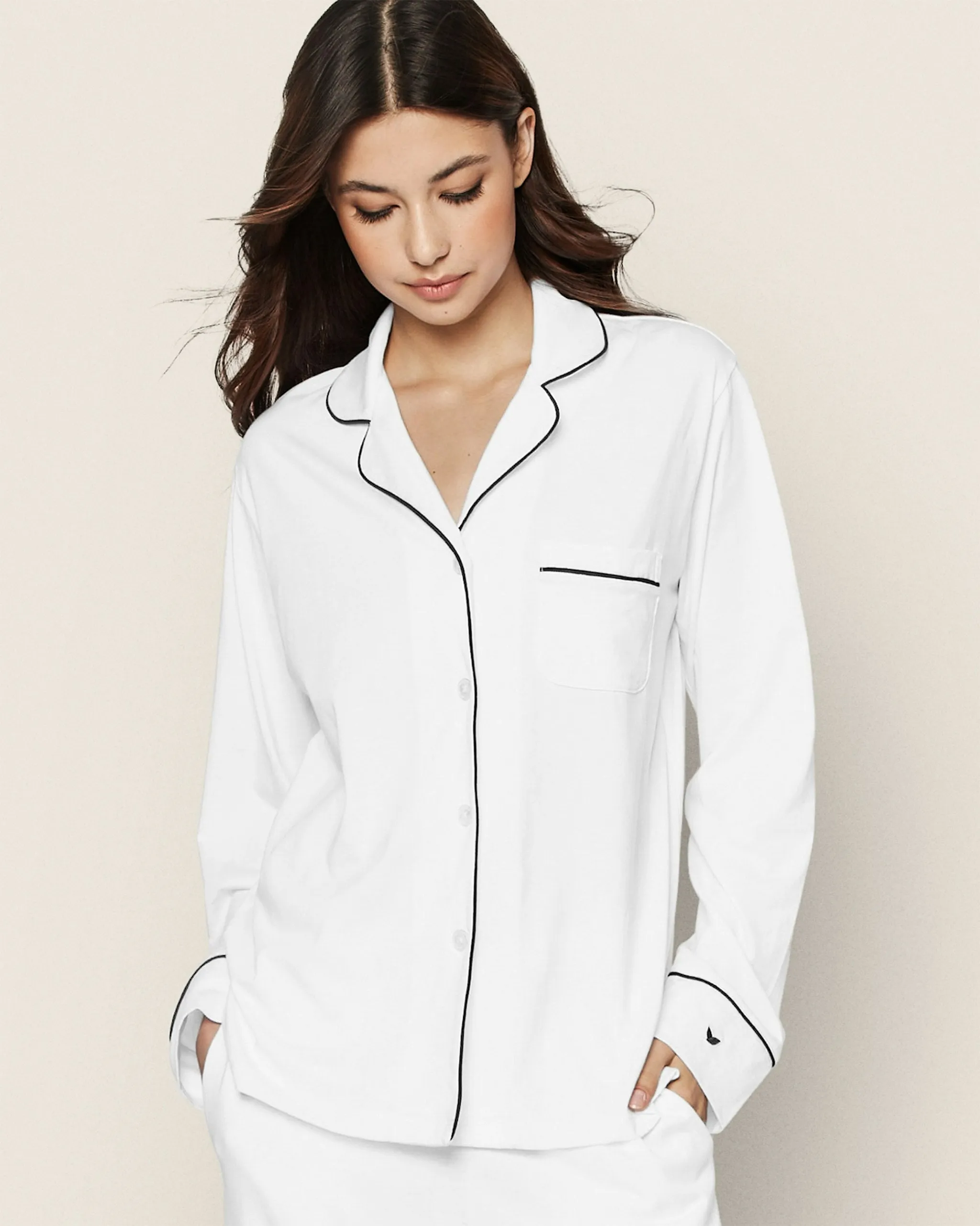 Women's Pima Pajama Set in White with Navy Piping sold by Petite Plume product image thumbnail 4