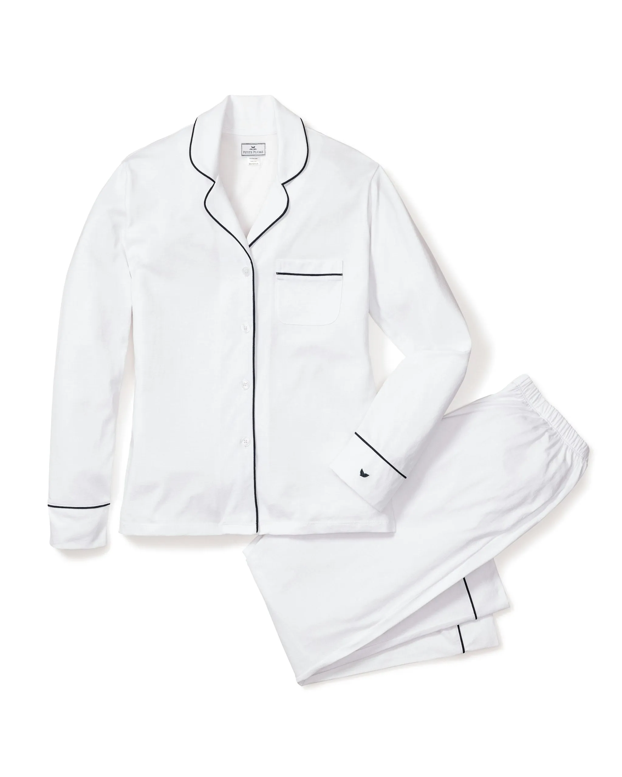 Women's Pima Pajama Set in White with Navy Piping sold by Petite Plume