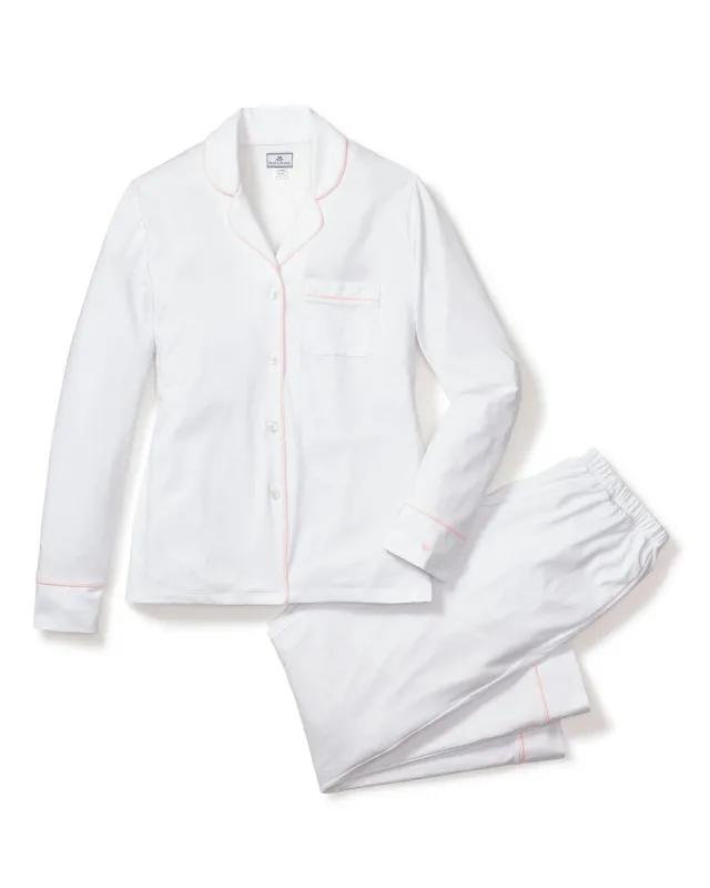 Women's Pima Pajama Set in White with Pink Piping sold by Petite Plume