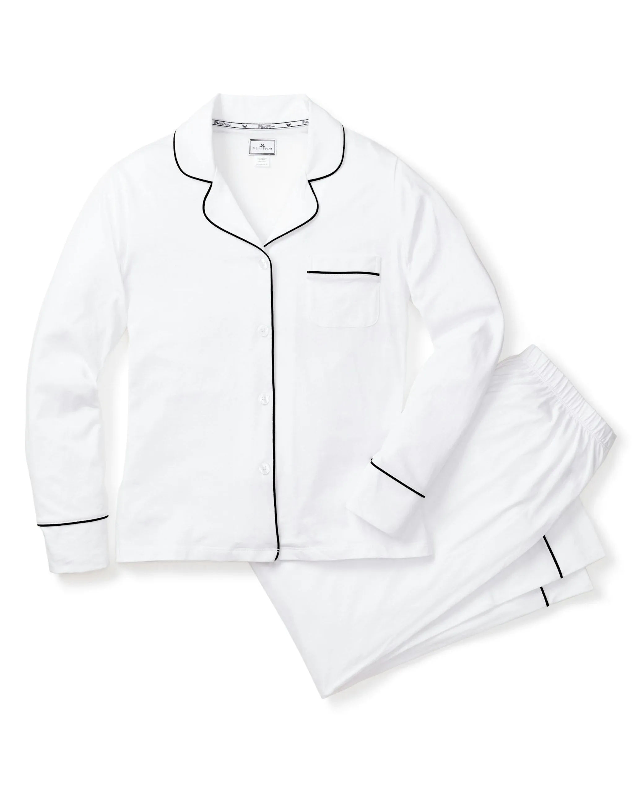 Women's Pima Pajama Set in White with Black Piping sold by Petite Plume