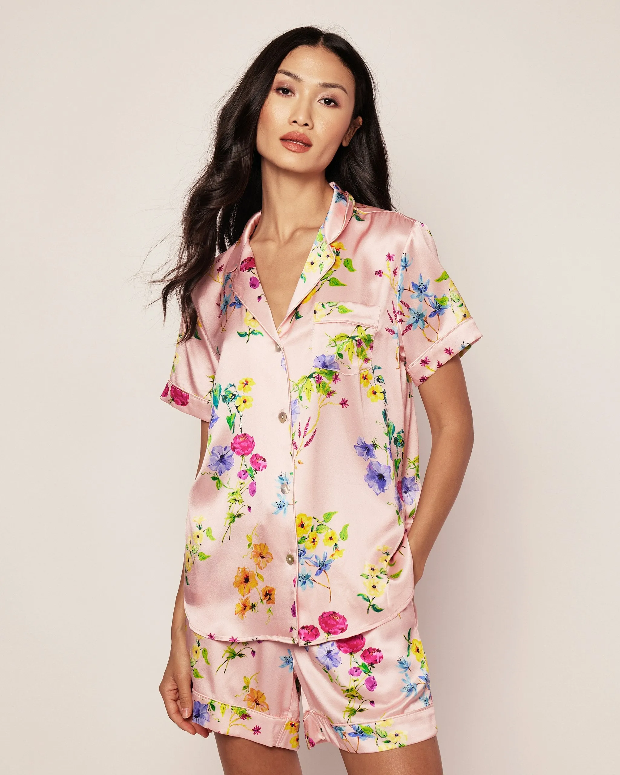 Women's Silk Pajama Short Set in Blush Brilliant Botanical sold by Petite Plume product image thumbnail 3