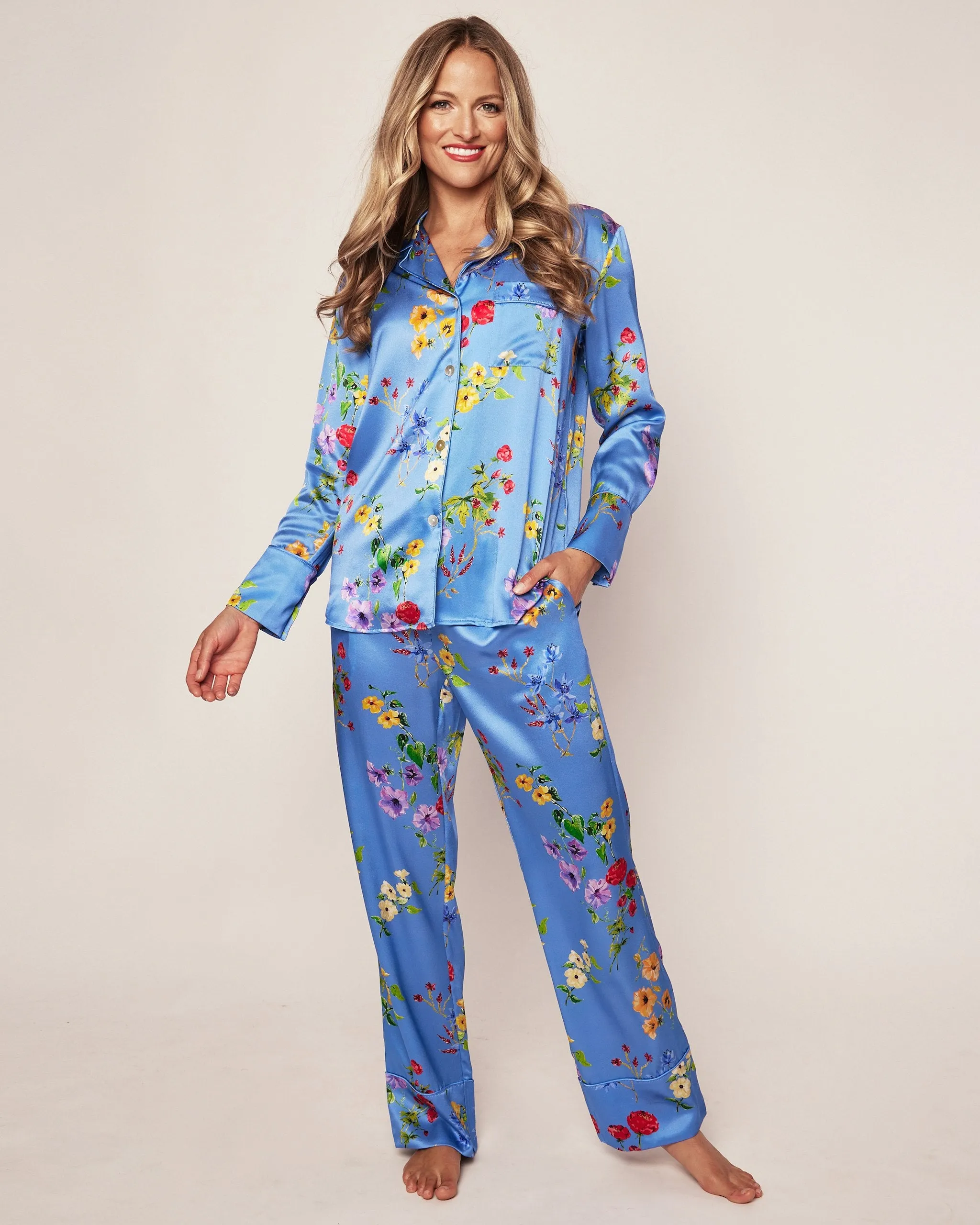 Women's Silk Pajama Set in Brilliant Botanical Azure sold by Petite Plume product image thumbnail 3