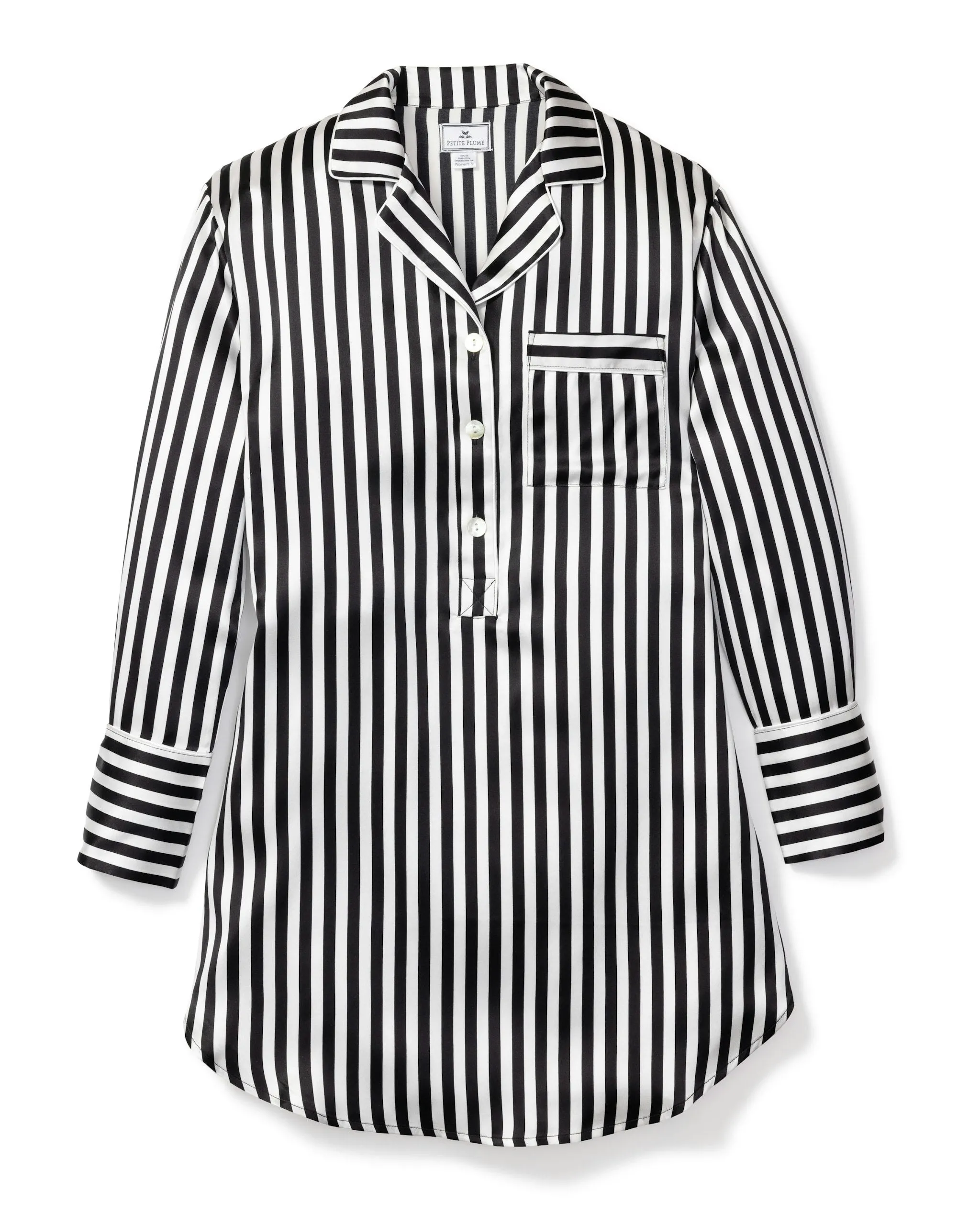 Women's Silk Nightshirt in Black and White Bengal Stripe sold by Petite Plume