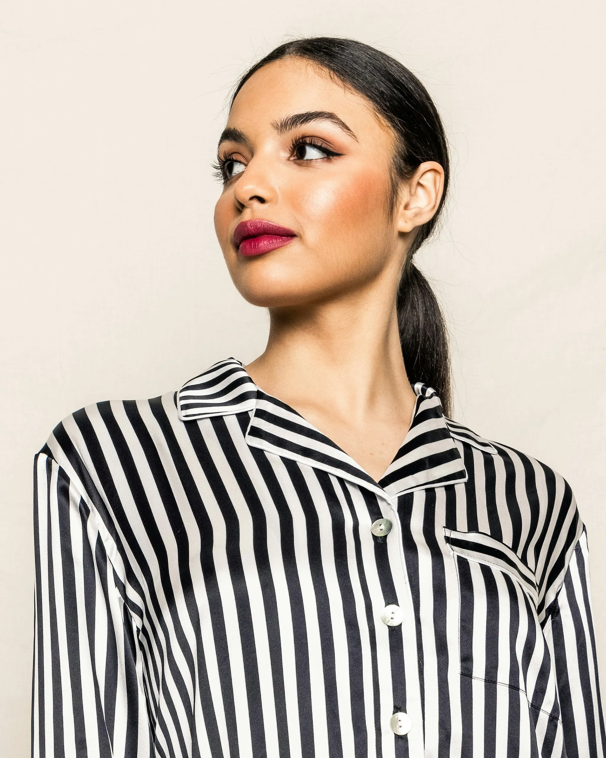 Women's Silk Nightshirt in Black and White Bengal Stripe sold by Petite Plume product image thumbnail 3
