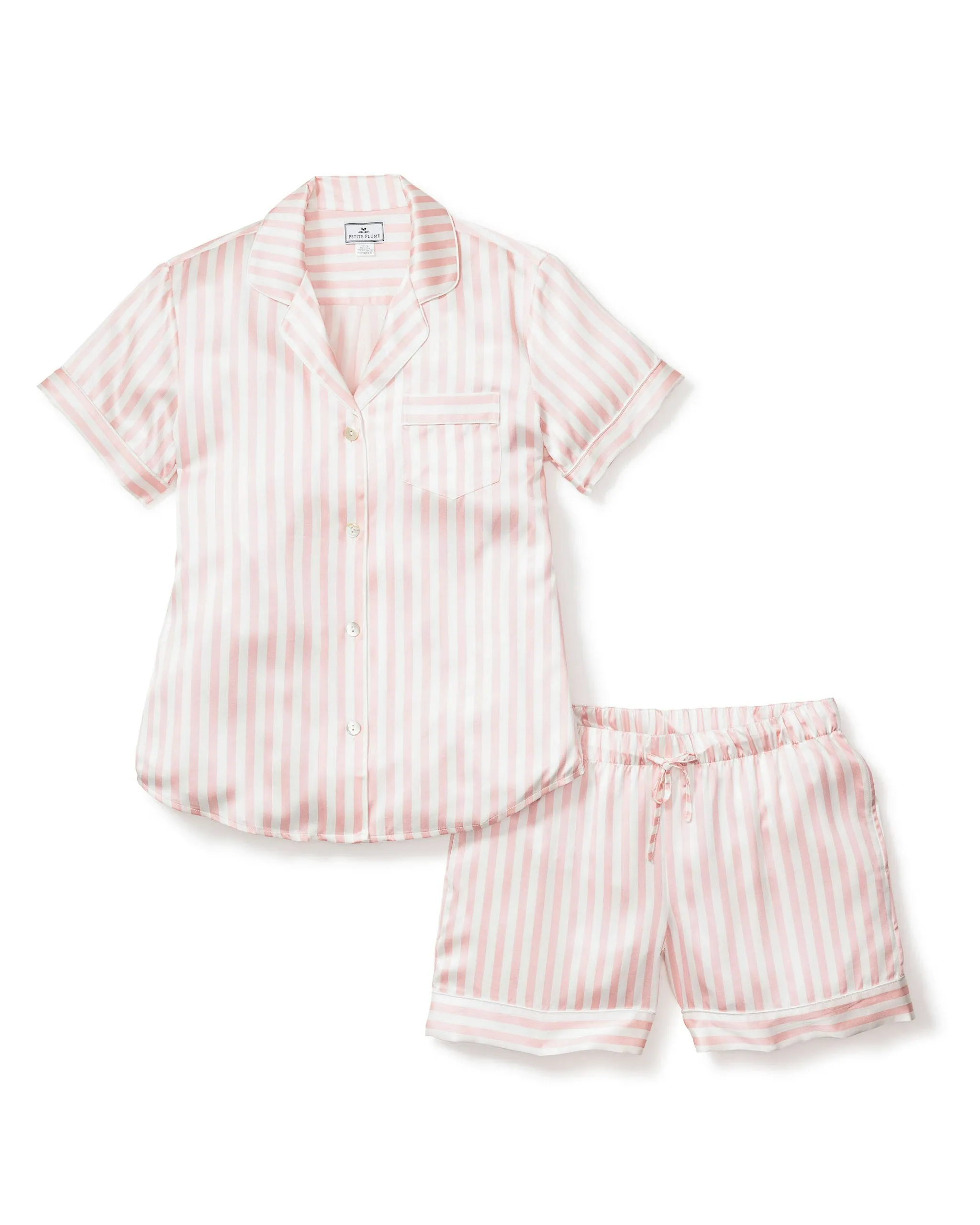 Women's Silk Pajama Short Set in Pink Stripes sold by Petite Plume