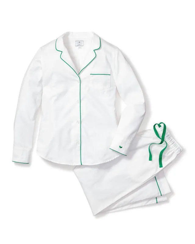 Women's Twill Pajama Set in White With Green Piping sold by Petite Plume
