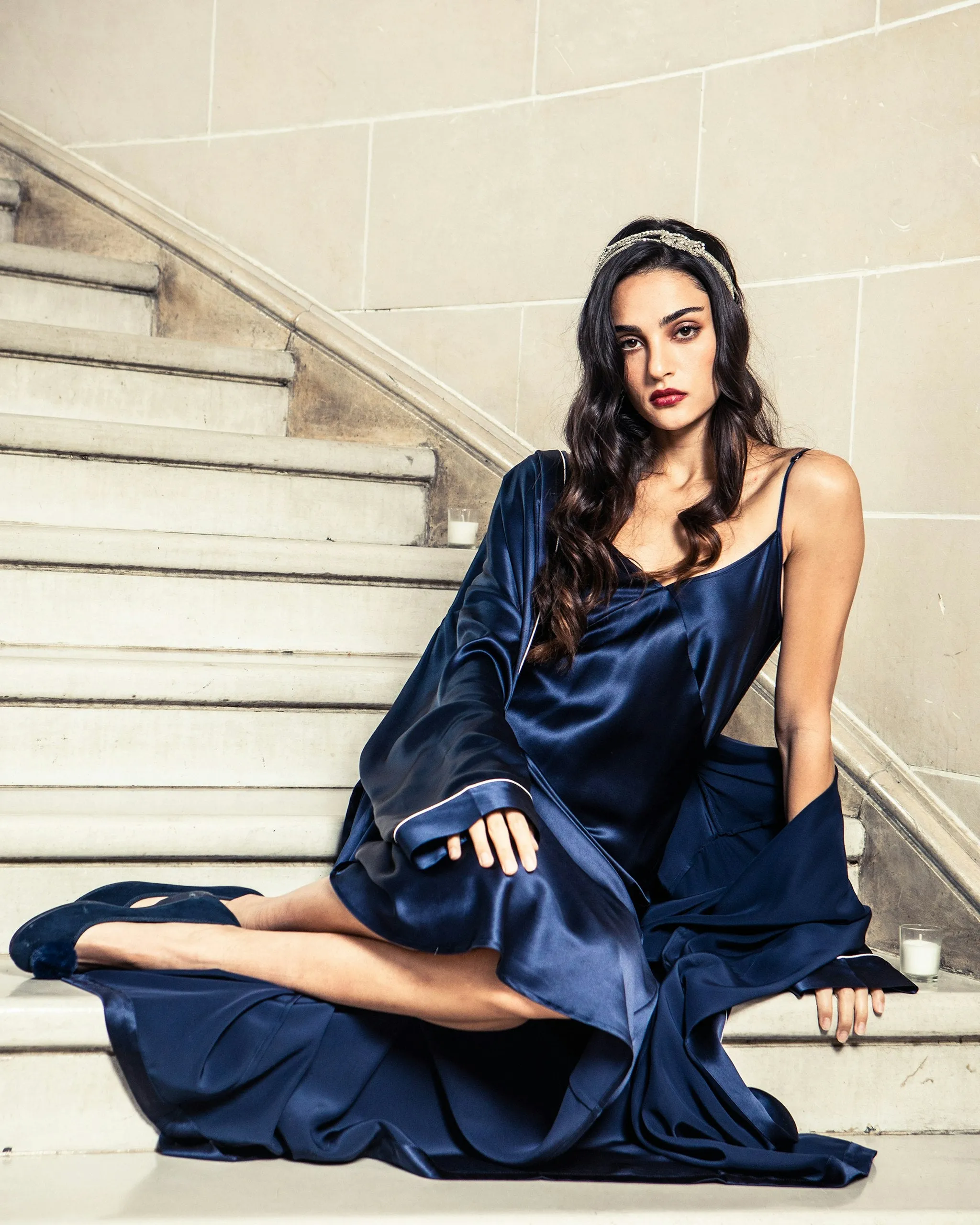 Women's Silk Long Robe in Navy sold by Petite Plume product image thumbnail 4