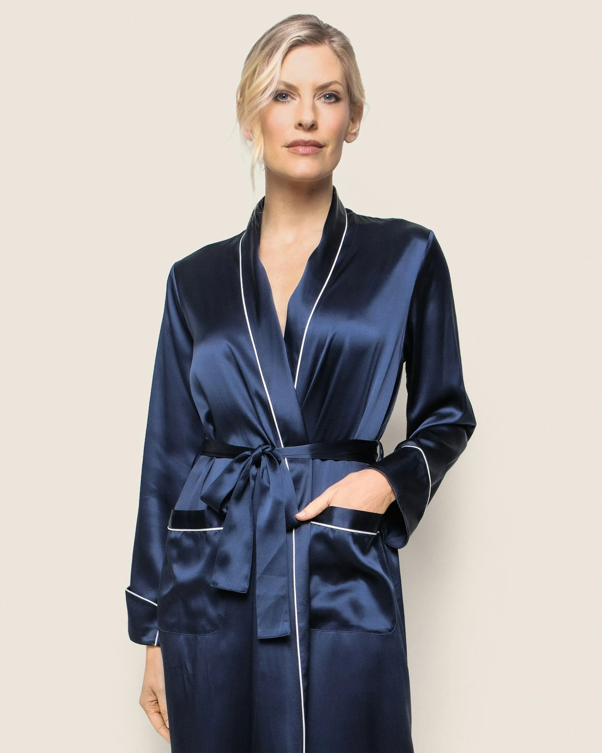 Women's Silk Long Robe in Navy sold by Petite Plume product image thumbnail 3