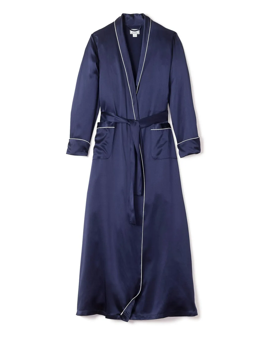 Women's Silk Long Robe in Navy sold by Petite Plume