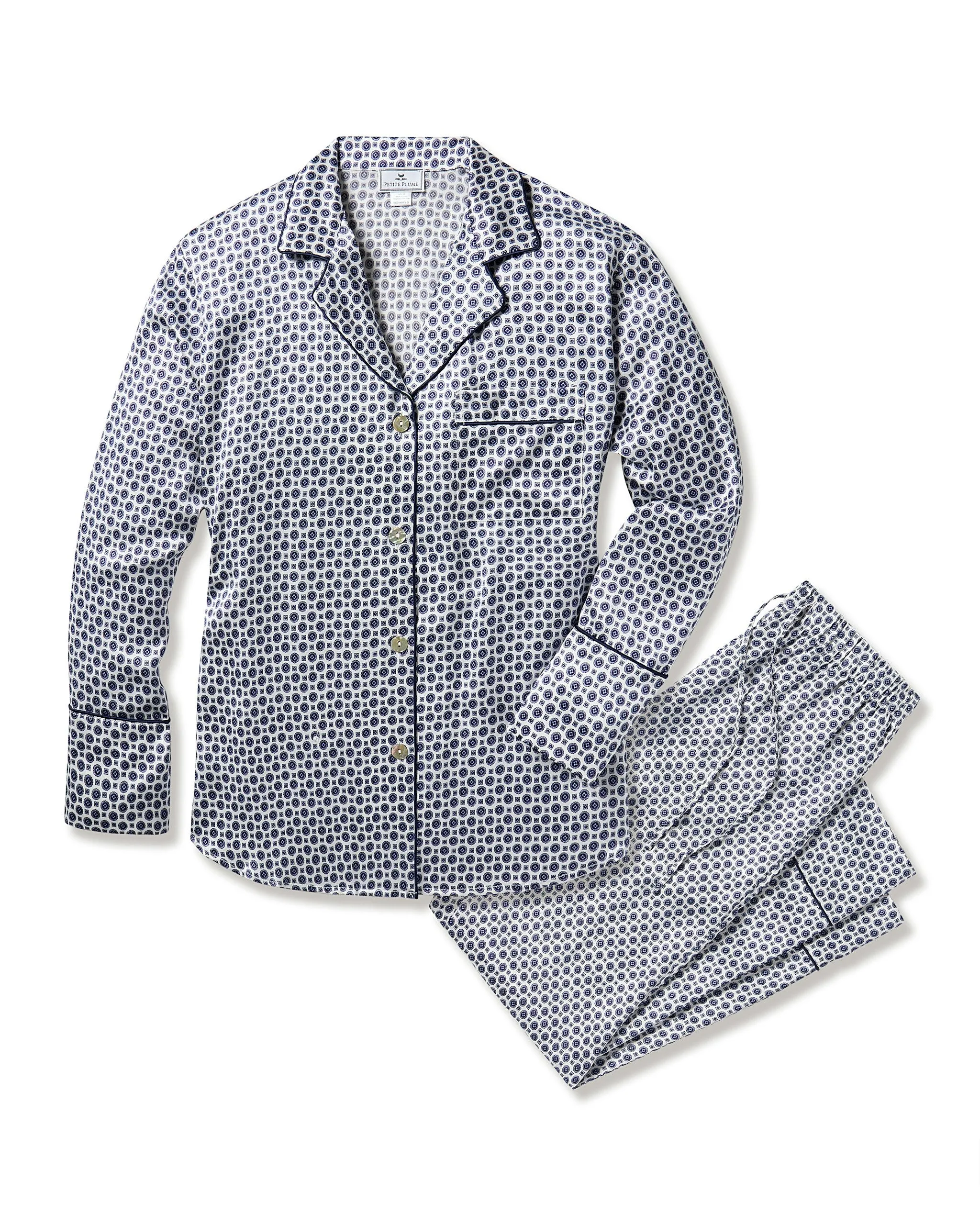 Women's Silk Pajama Set in Navy Foulard sold by Petite Plume