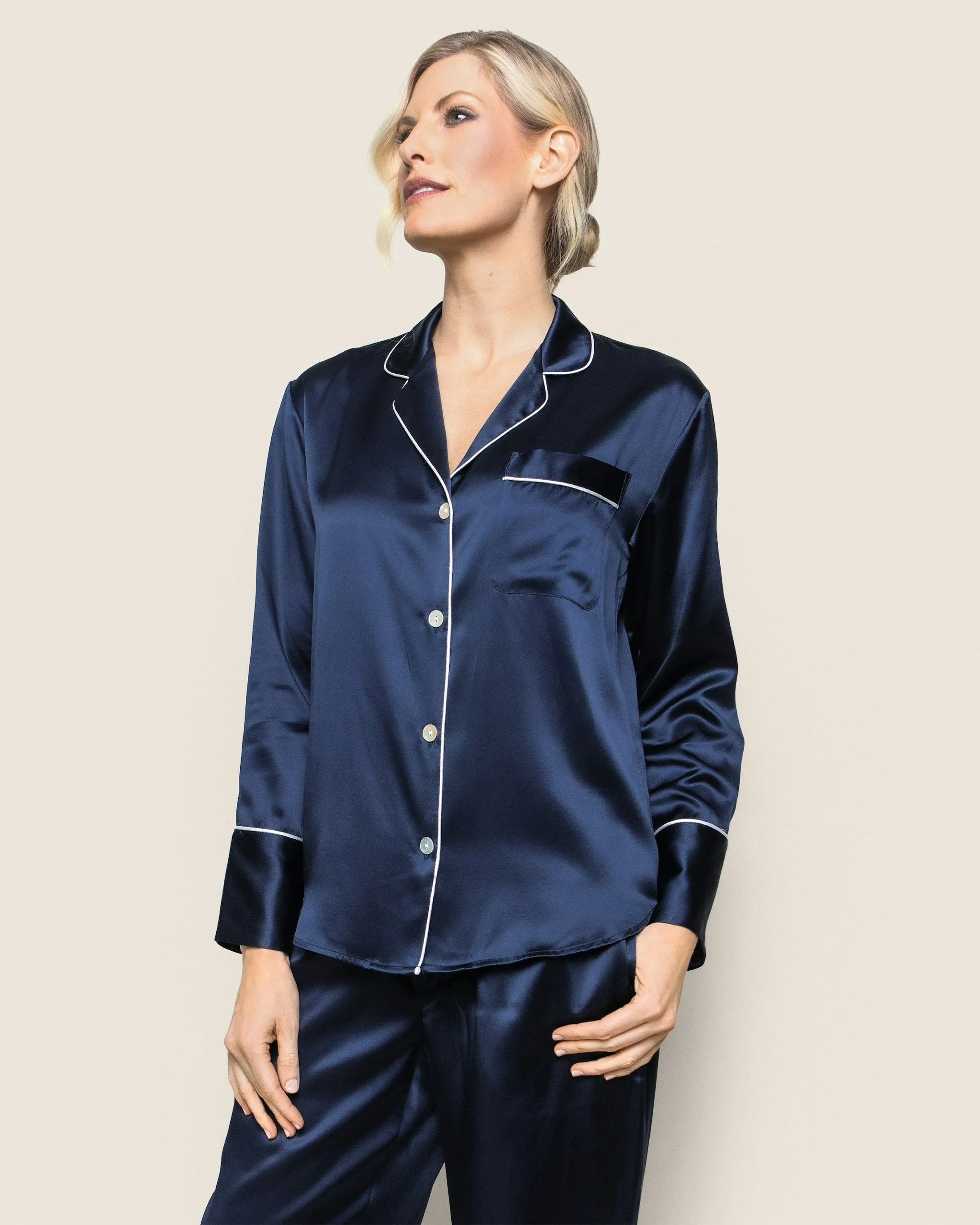 Women's Silk Pajama Set in Navy sold by Petite Plume product image thumbnail 3