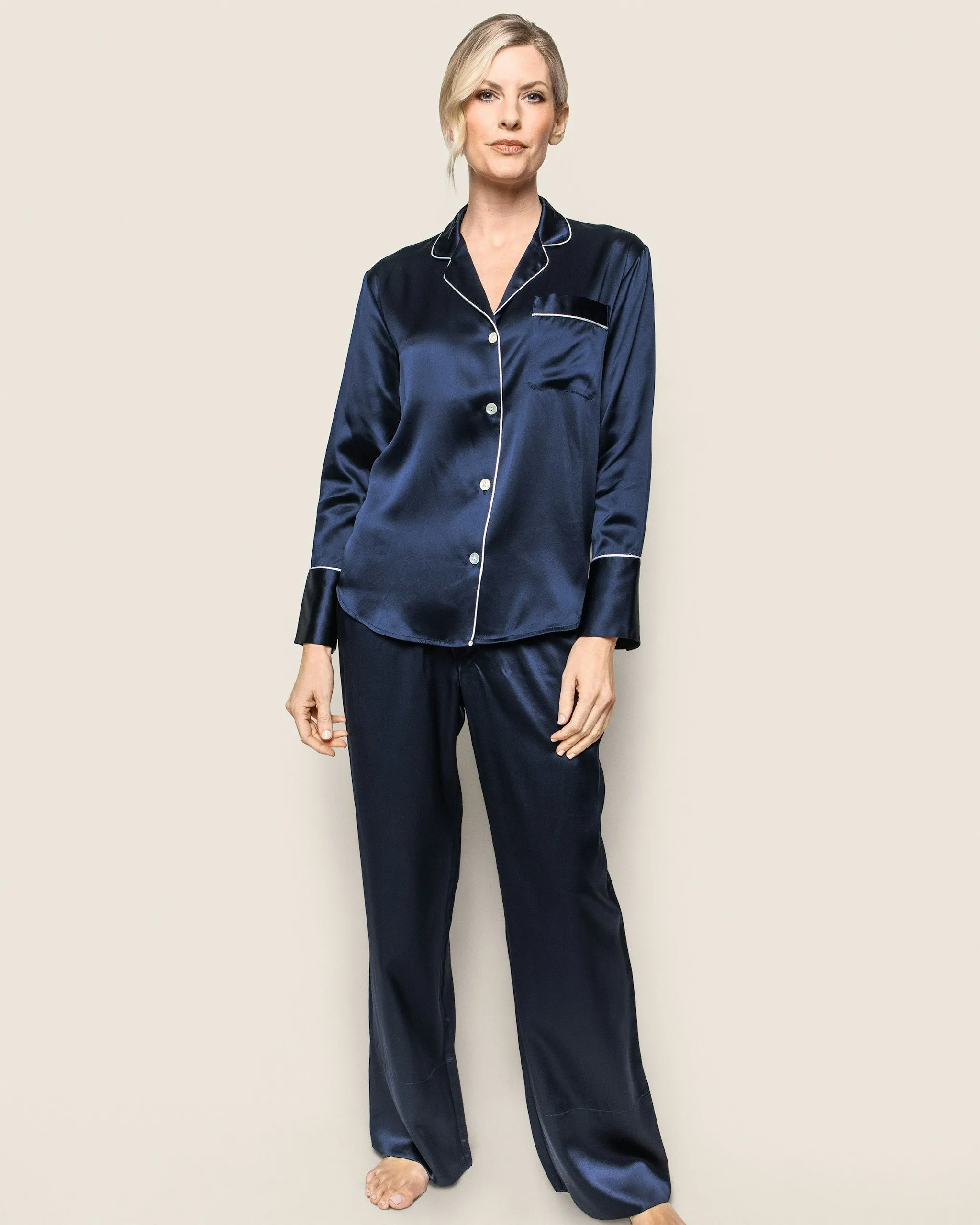 Women's Silk Pajama Set in Navy sold by Petite Plume product image thumbnail 2