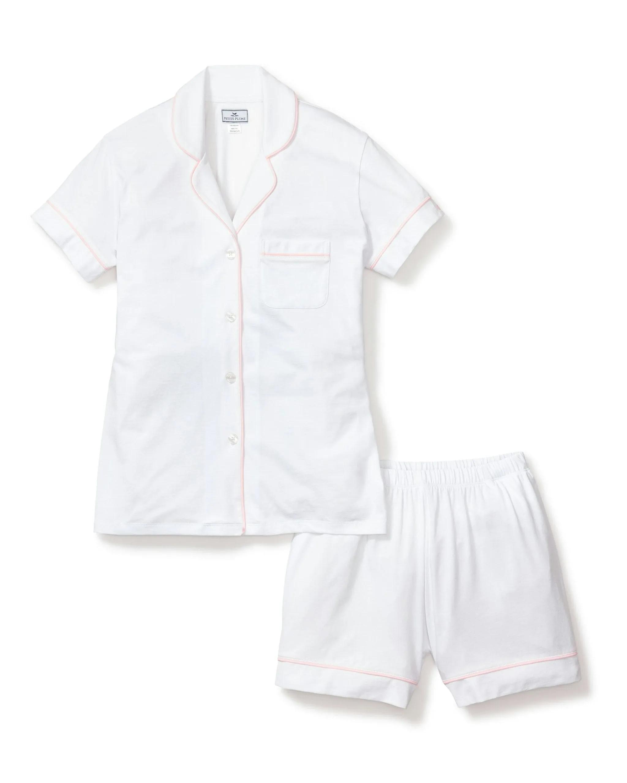 Women's Pima Short Sleeve Short Set in White with Pink Piping sold by Petite Plume
