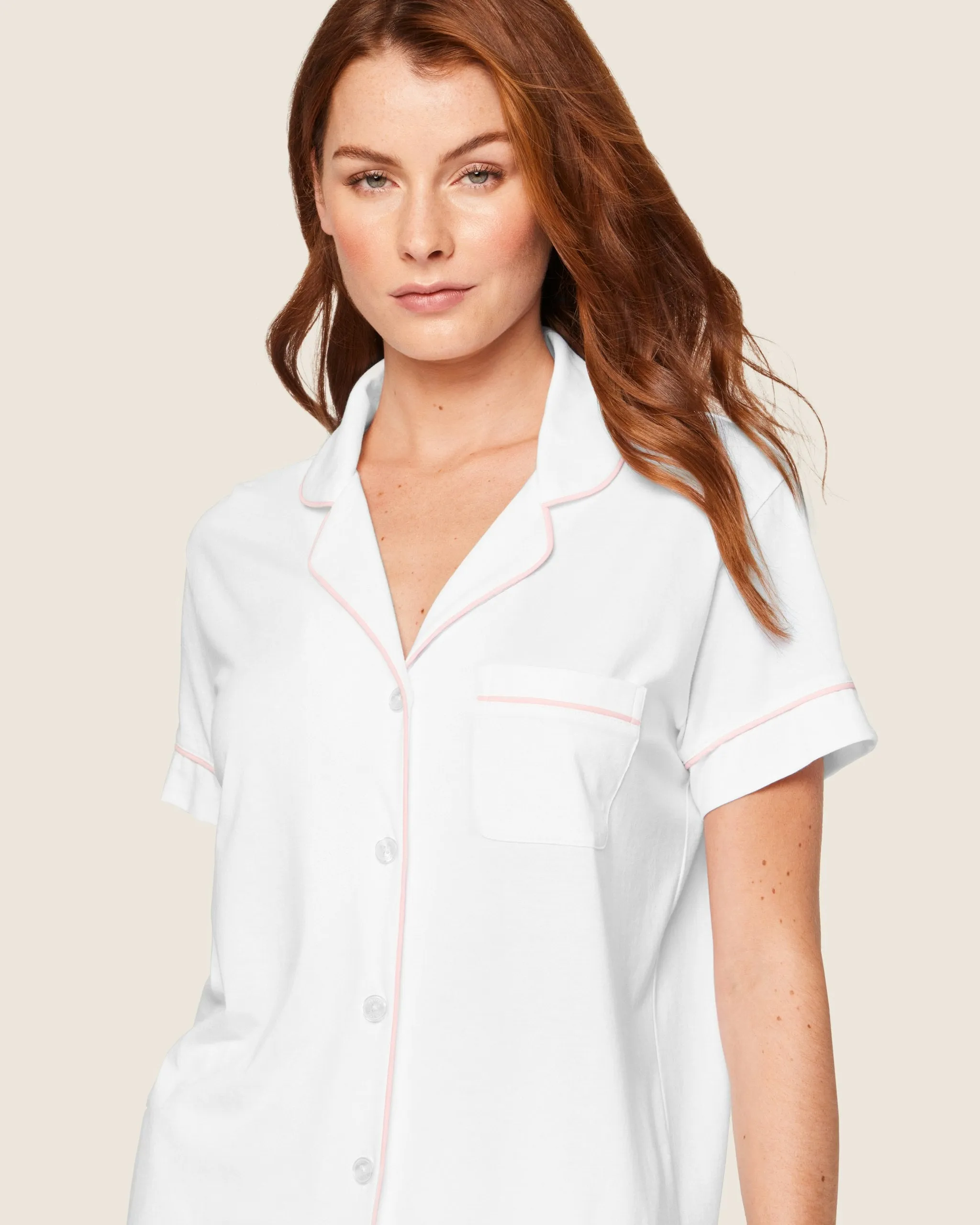 Women's Pima Short Sleeve Short Set in White with Pink Piping sold by Petite Plume product image thumbnail 5