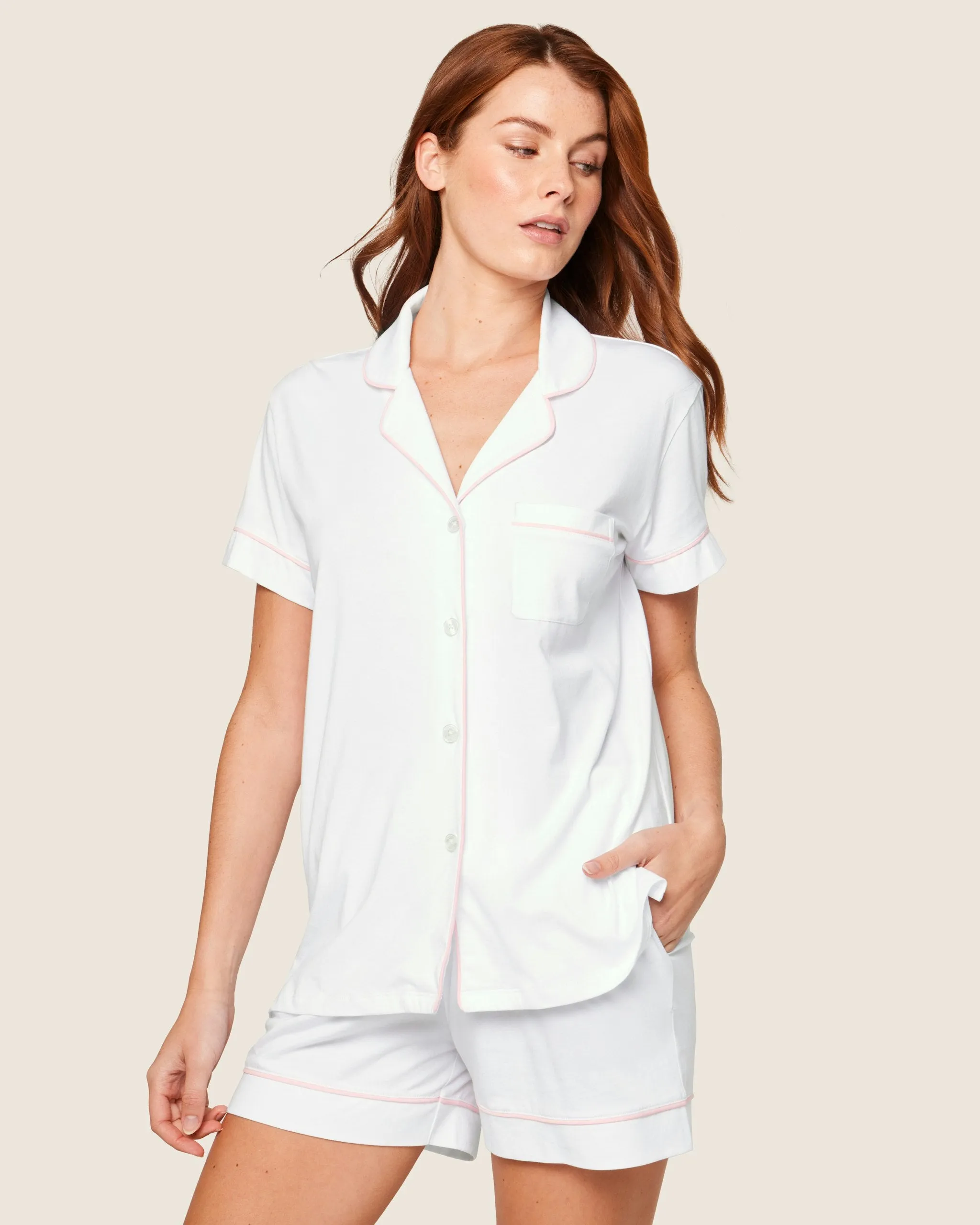 Women's Pima Short Sleeve Short Set in White with Pink Piping sold by Petite Plume product image thumbnail 2