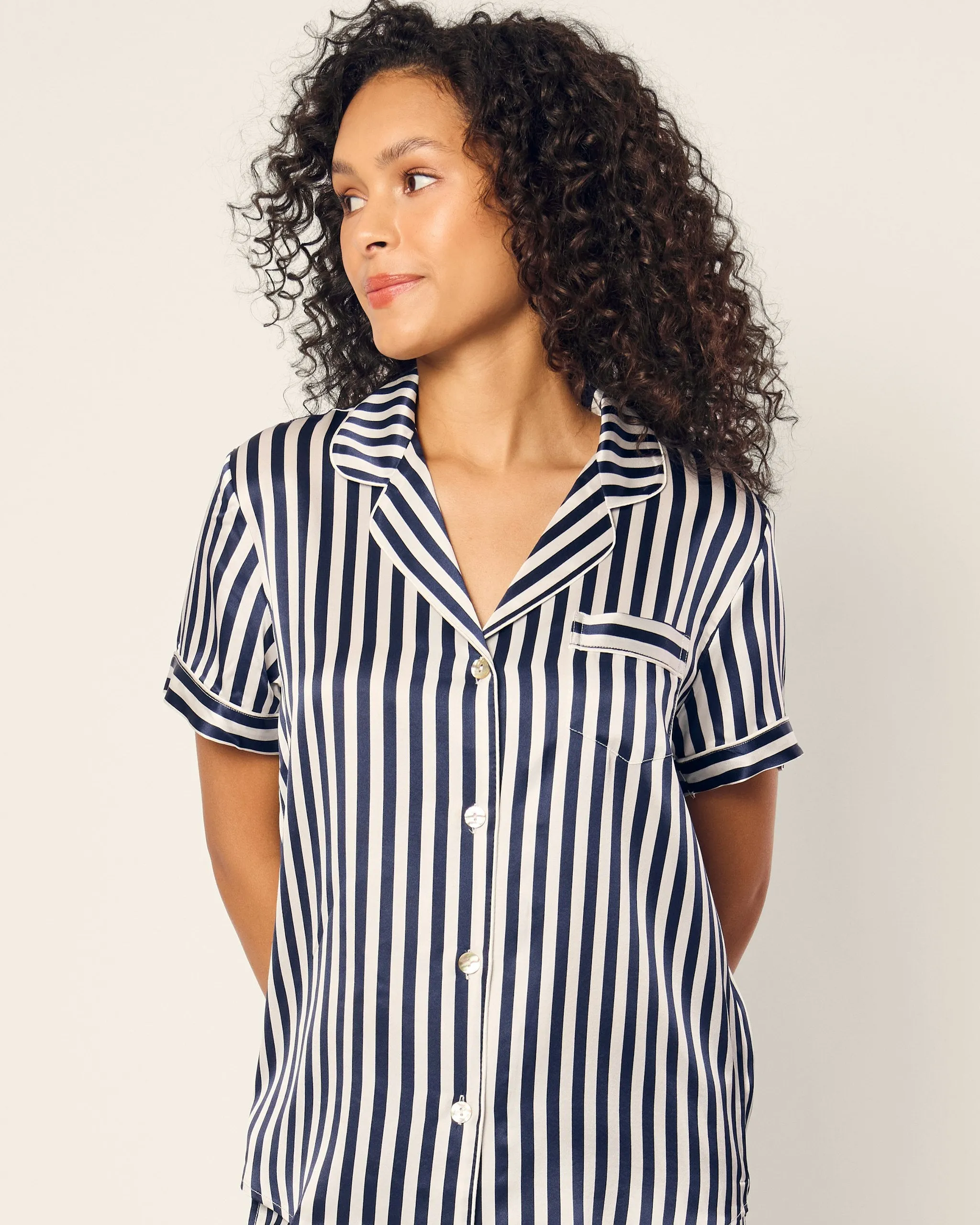 Women's Silk Pajama Short Set in Navy Bengal Stripe sold by Petite Plume product image thumbnail 5