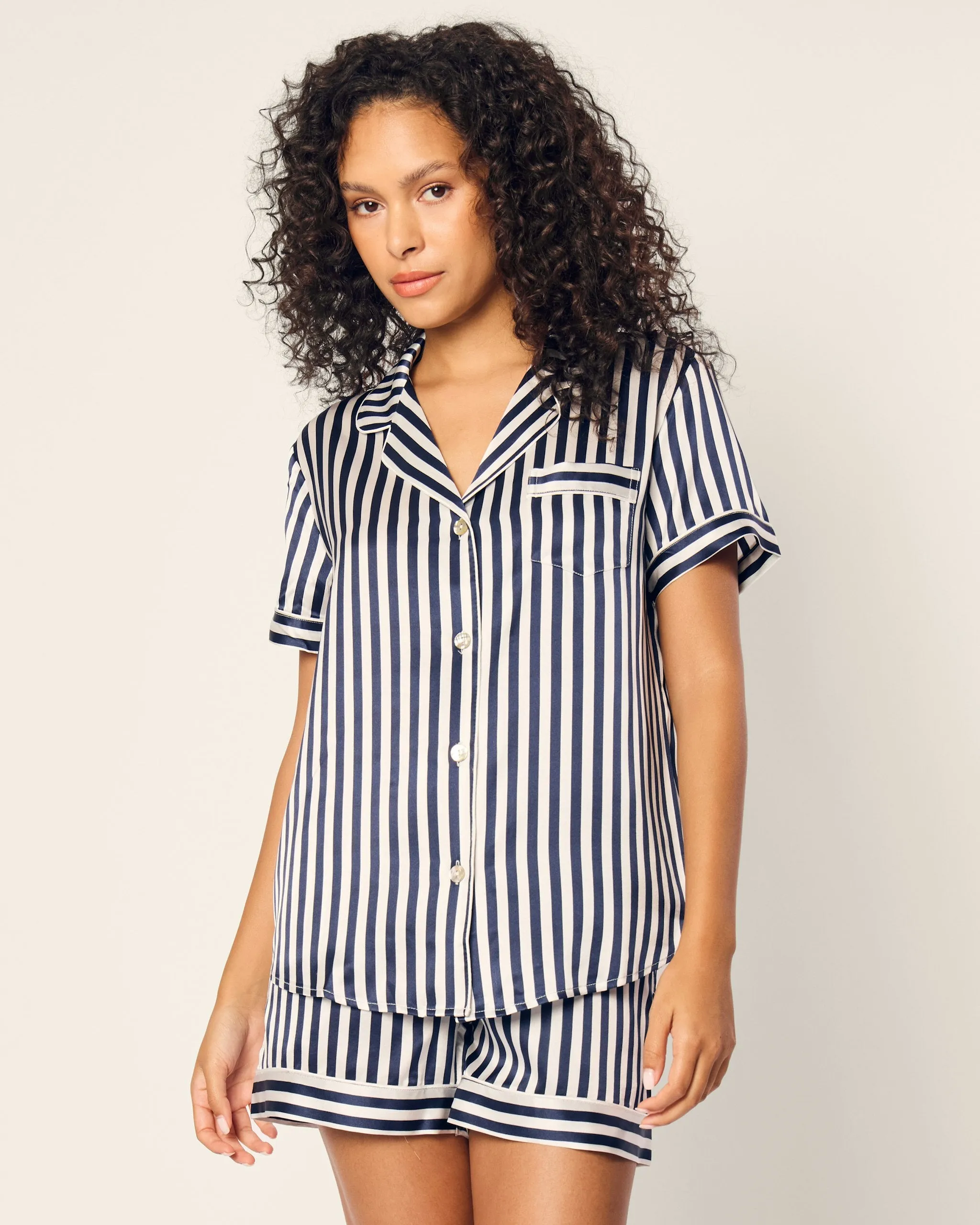 Women's Silk Pajama Short Set in Navy Bengal Stripe sold by Petite Plume product image thumbnail 2