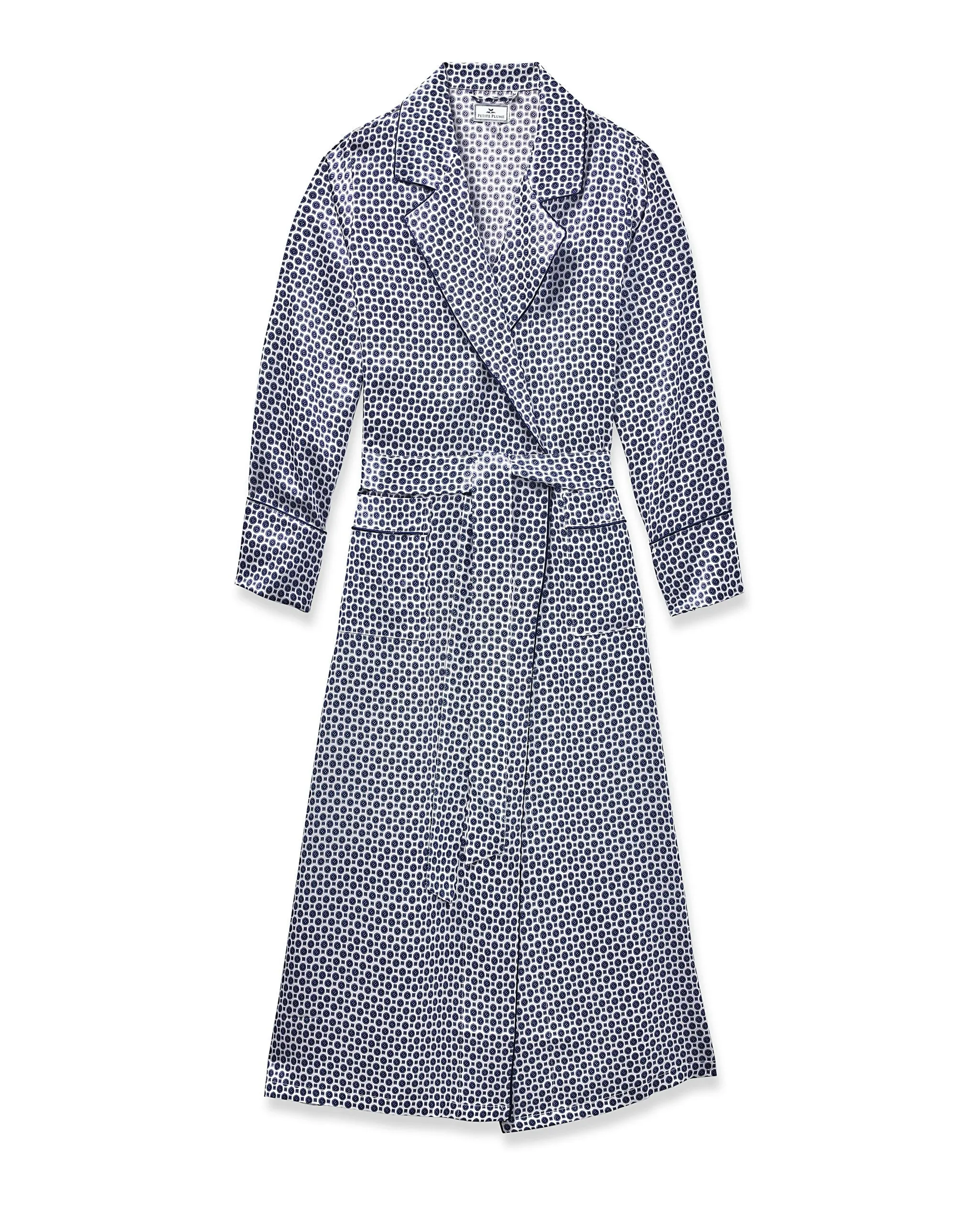 Women's Silk Robe in Navy Foulard sold by Petite Plume