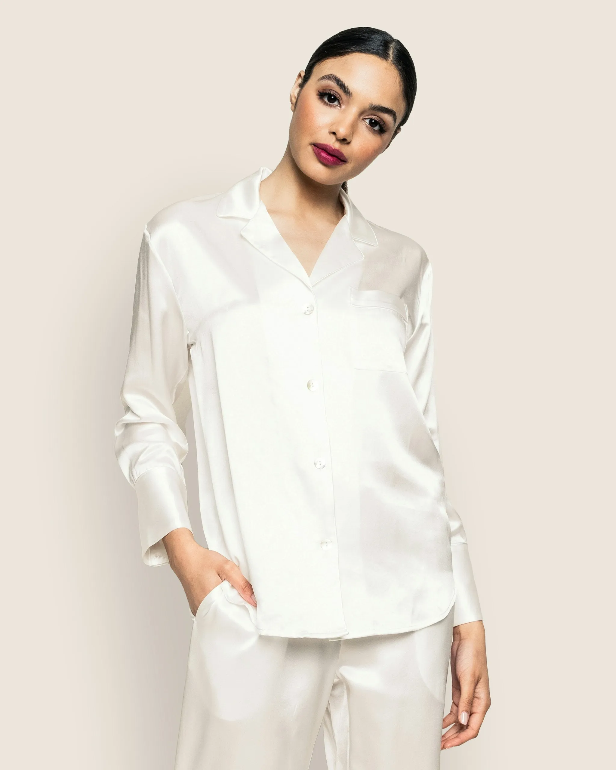 Women's Silk Pajama Set in White sold by Petite Plume product image thumbnail 3