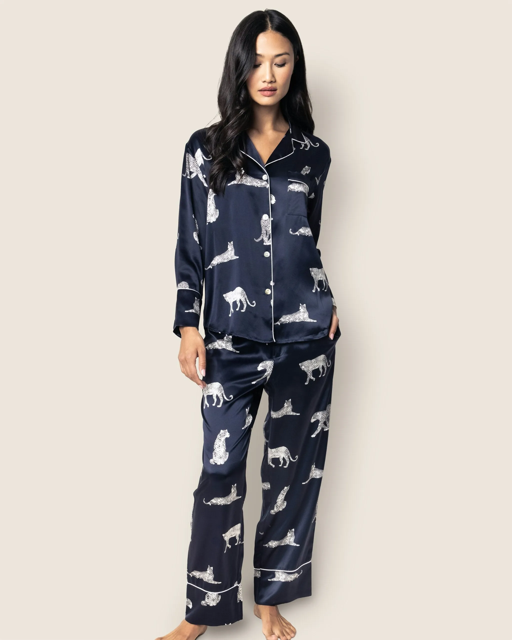 Women's Silk Pajama Set in Panthère de Nuit sold by Petite Plume product image thumbnail 2